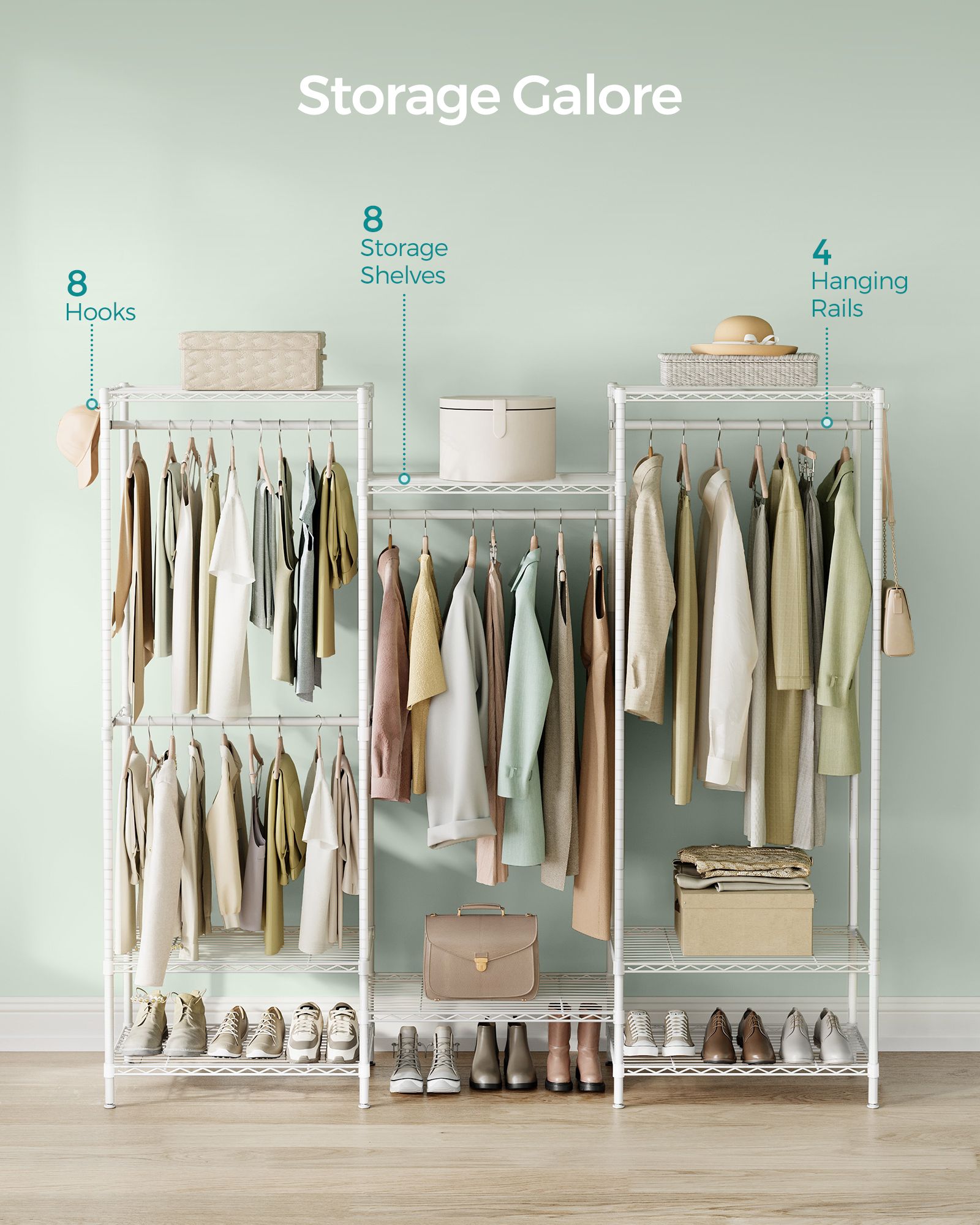 Dividable Open Portable Wardrobe - Metal - Cloud White - Adjustable Shelves and Hanging Rails