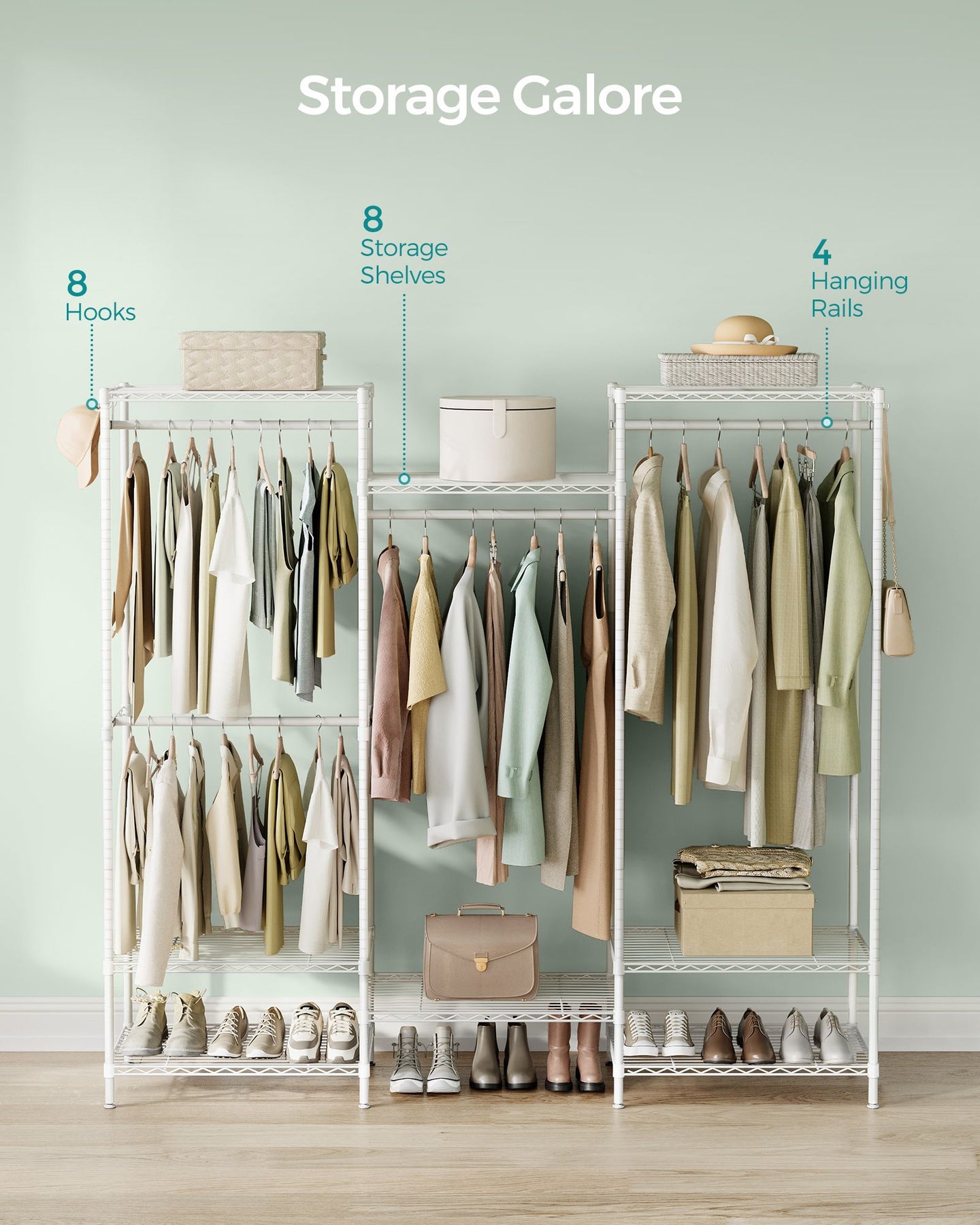 Dividable Open Portable Wardrobe - Metal - Cloud White - Adjustable Shelves and Hanging Rails