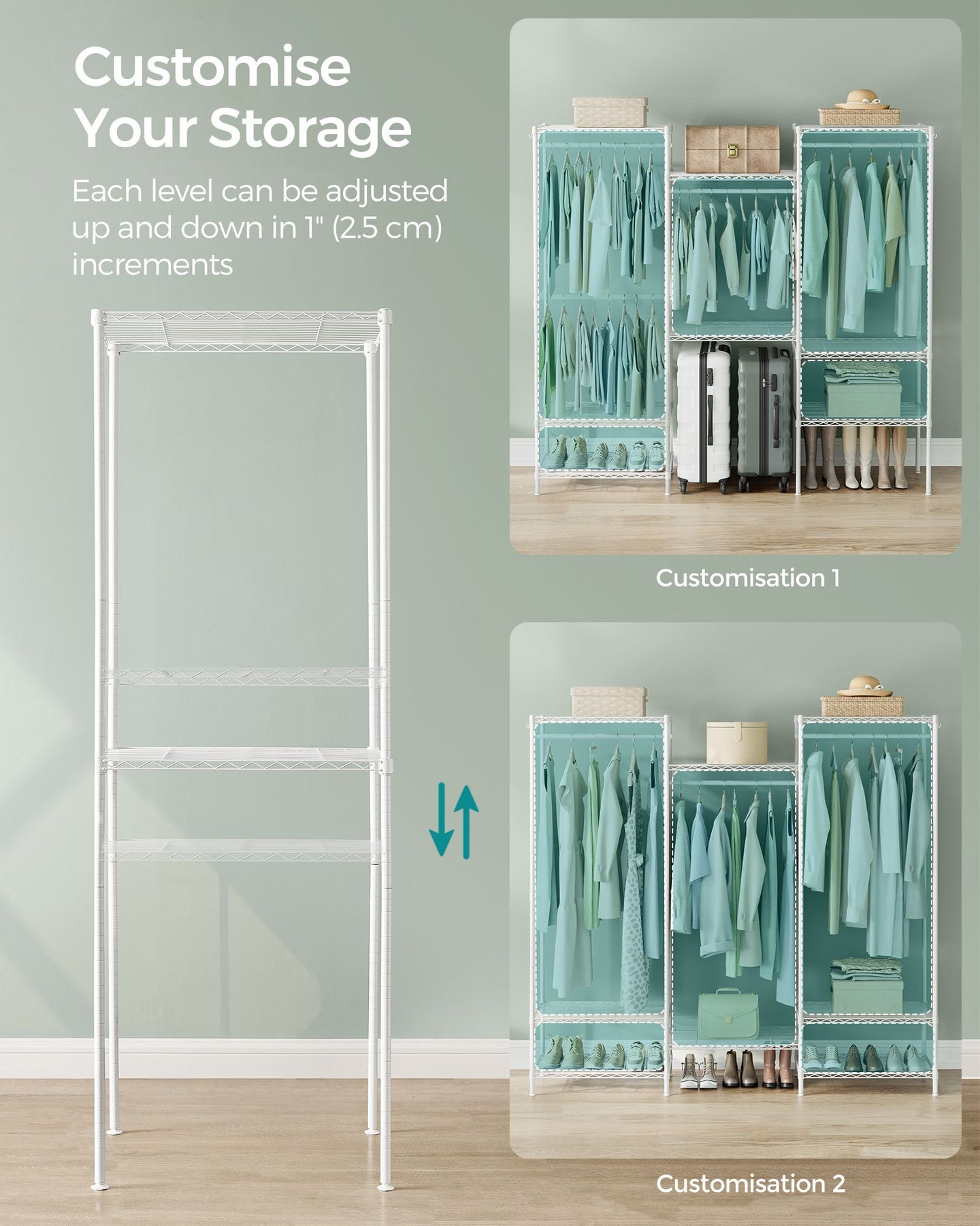 Dividable Open Portable Wardrobe - Metal - Cloud White - Adjustable Shelves and Hanging Rails
