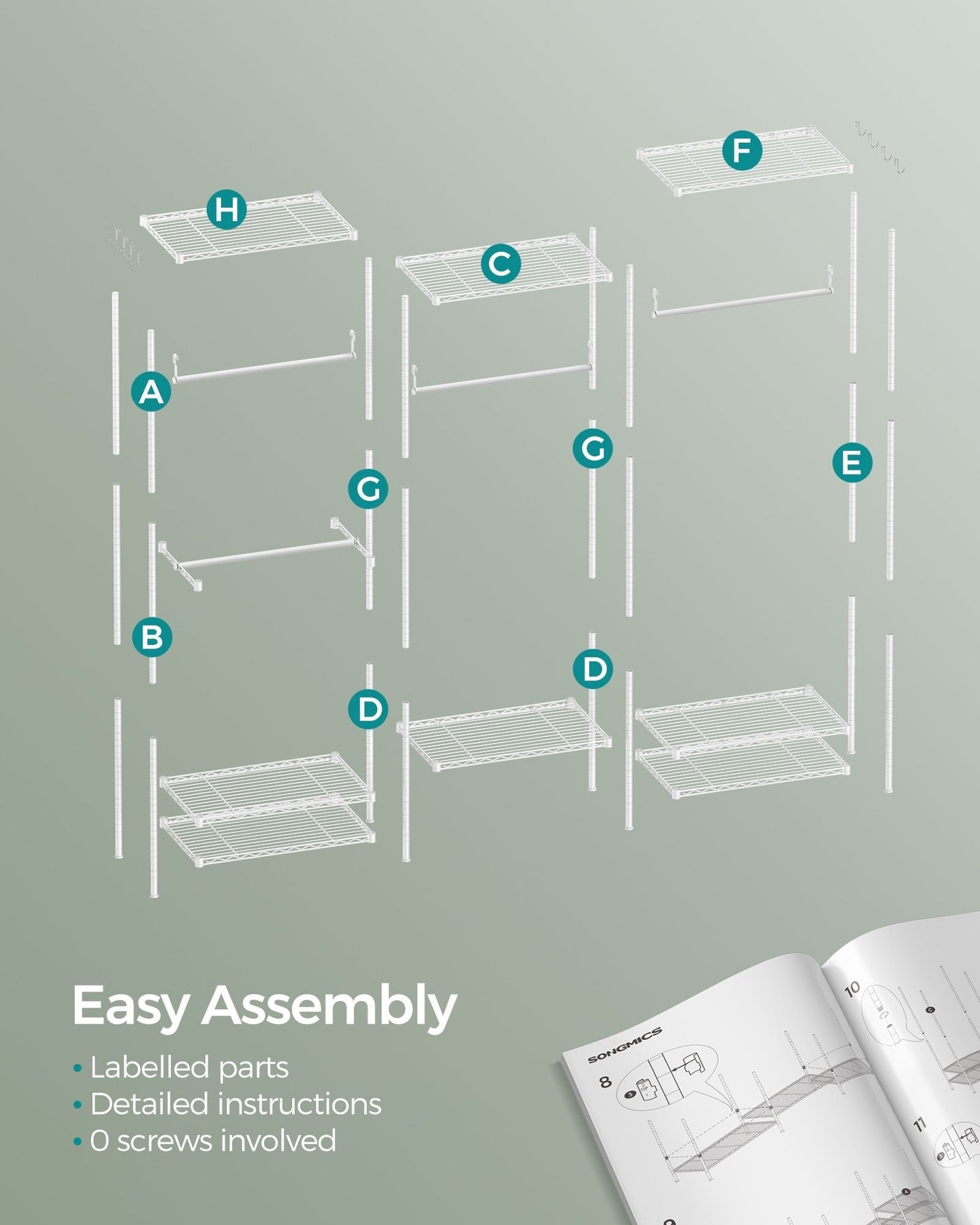 Dividable Open Portable Wardrobe - Metal - Cloud White - Adjustable Shelves and Hanging Rails