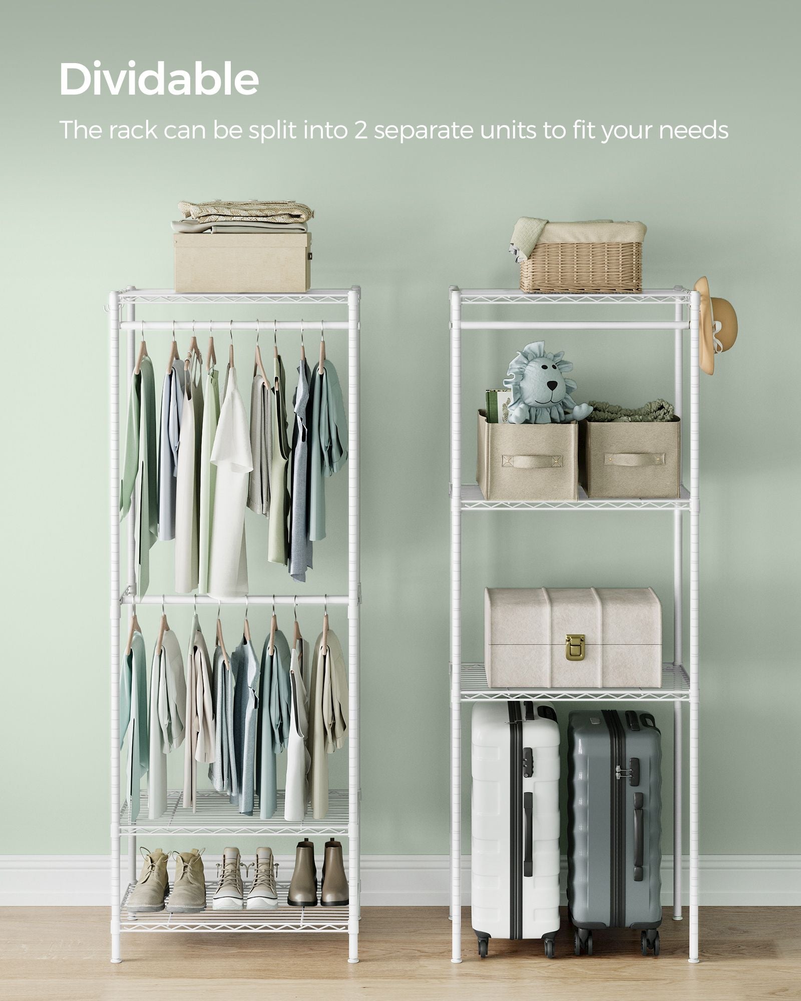 Dividable Open Portable Wardrobe - Metal - Cloud White - Adjustable Shelves and Hanging Rails