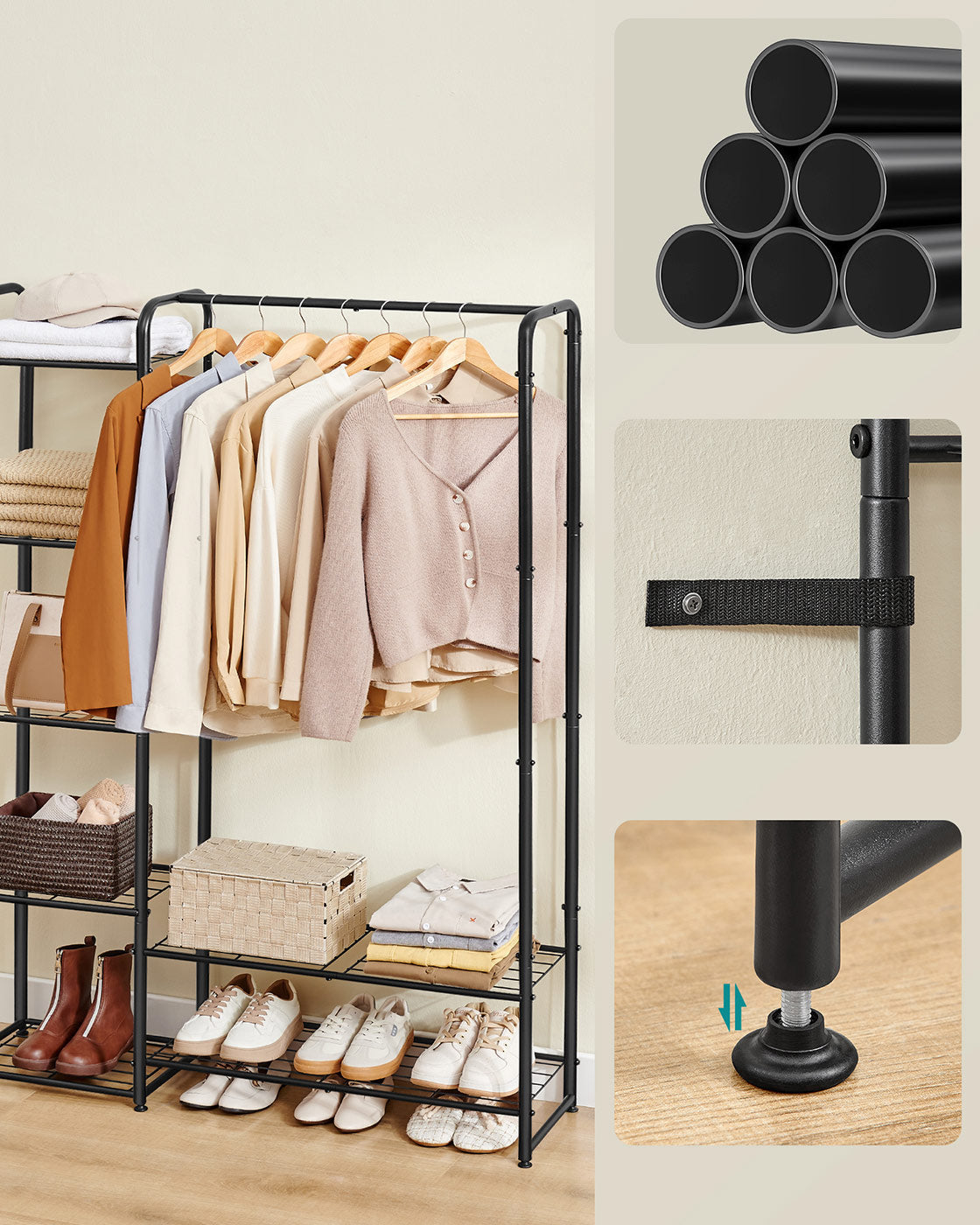 Open Wardrobe - Metal - Ink Black - Freestanding with Storage Shelves