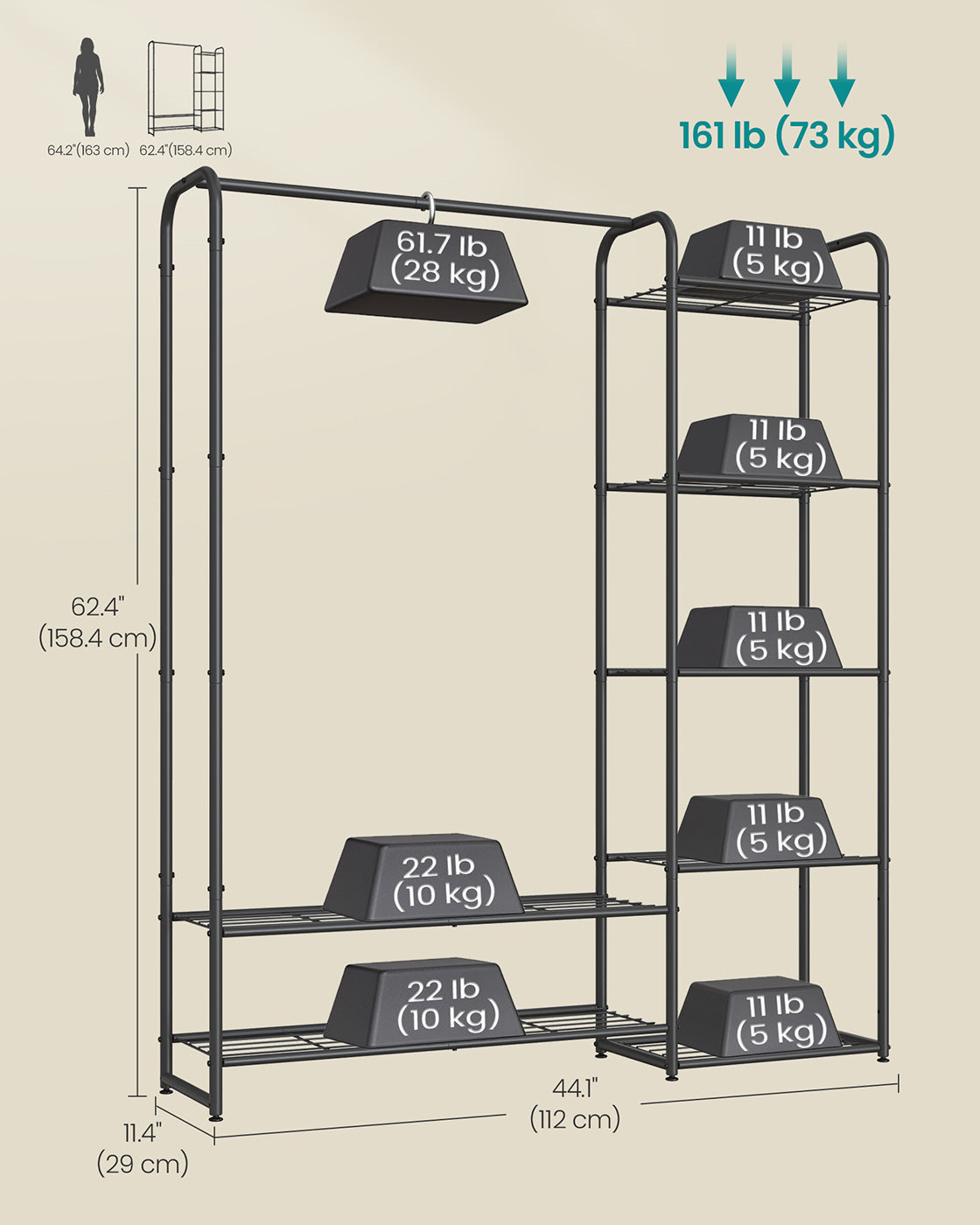 Open Wardrobe - Metal - Ink Black - Freestanding with Storage Shelves