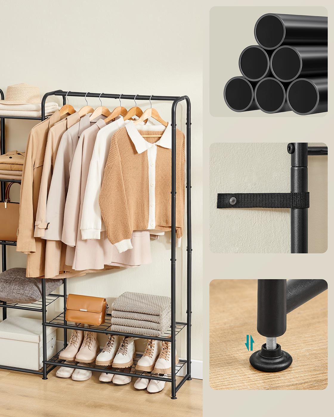 Open Wardrobe - Metal - Matt Black - Freestanding with Storage Shelves