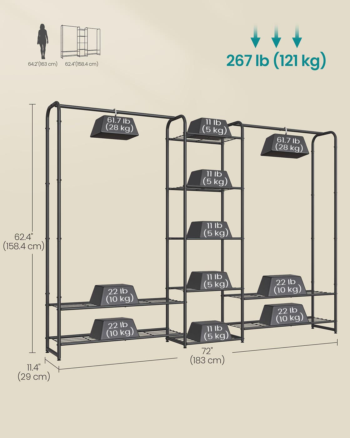 Open Wardrobe - Metal - Matt Black - Freestanding with Storage Shelves