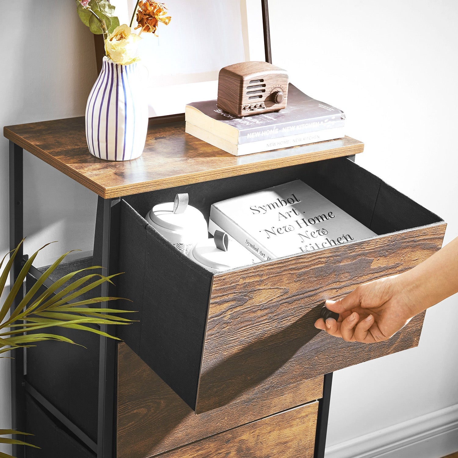 Drawer Storage Unit - Fabric - Light Grey and White - Slim Design with Metal Frame