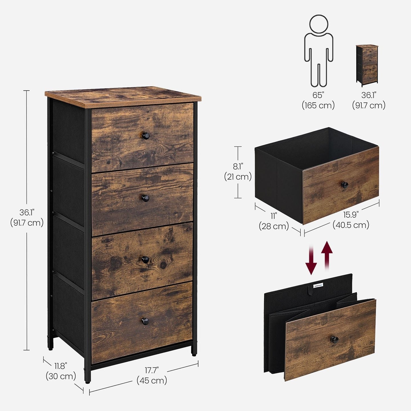 Drawer Storage Unit - Fabric - Light Grey and White - Slim Design with Metal Frame