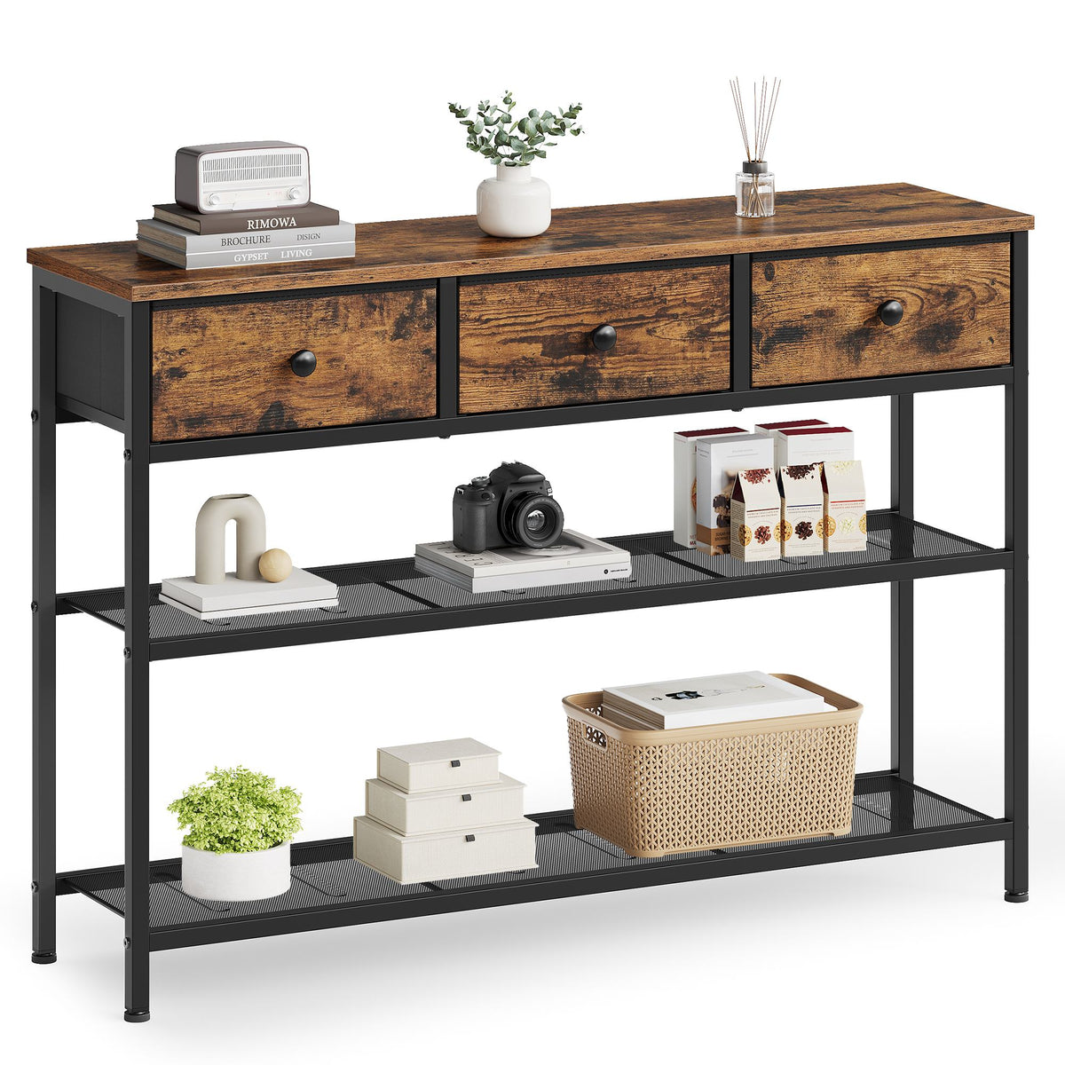 Console Table - Narrow with Storage - Rustic Brown - 98.8 x 30 x 78.7 cm