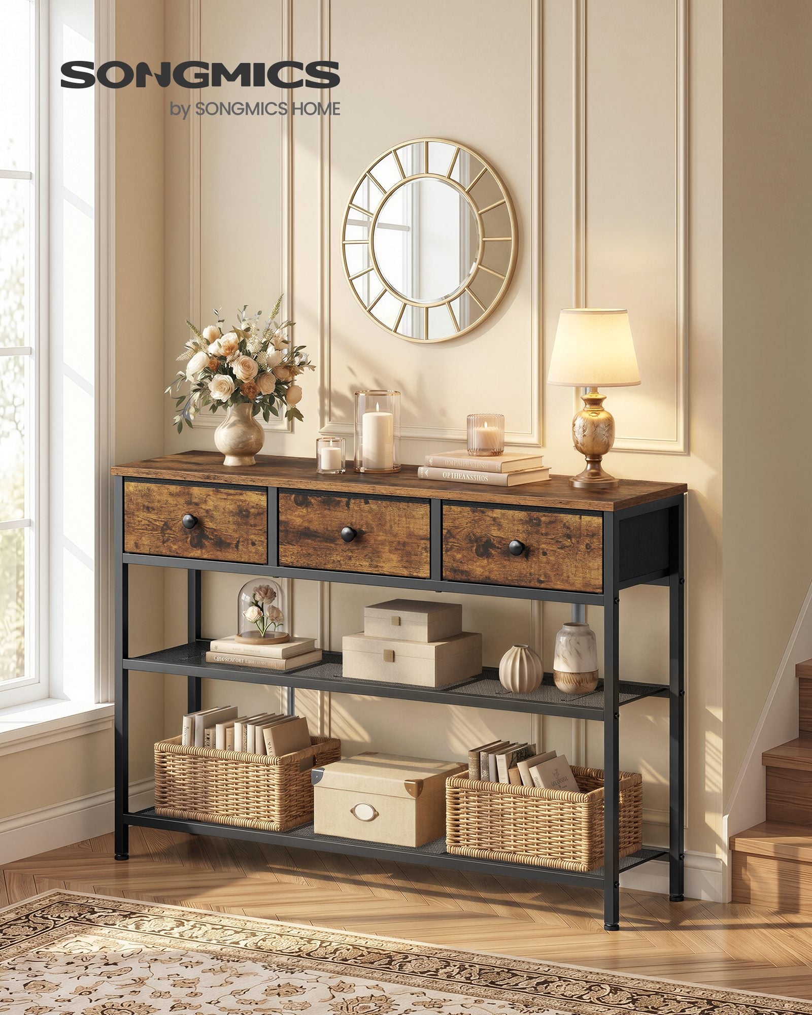 Console Table - Narrow with Storage - Rustic Brown - 98.8 x 30 x 78.7 cm
