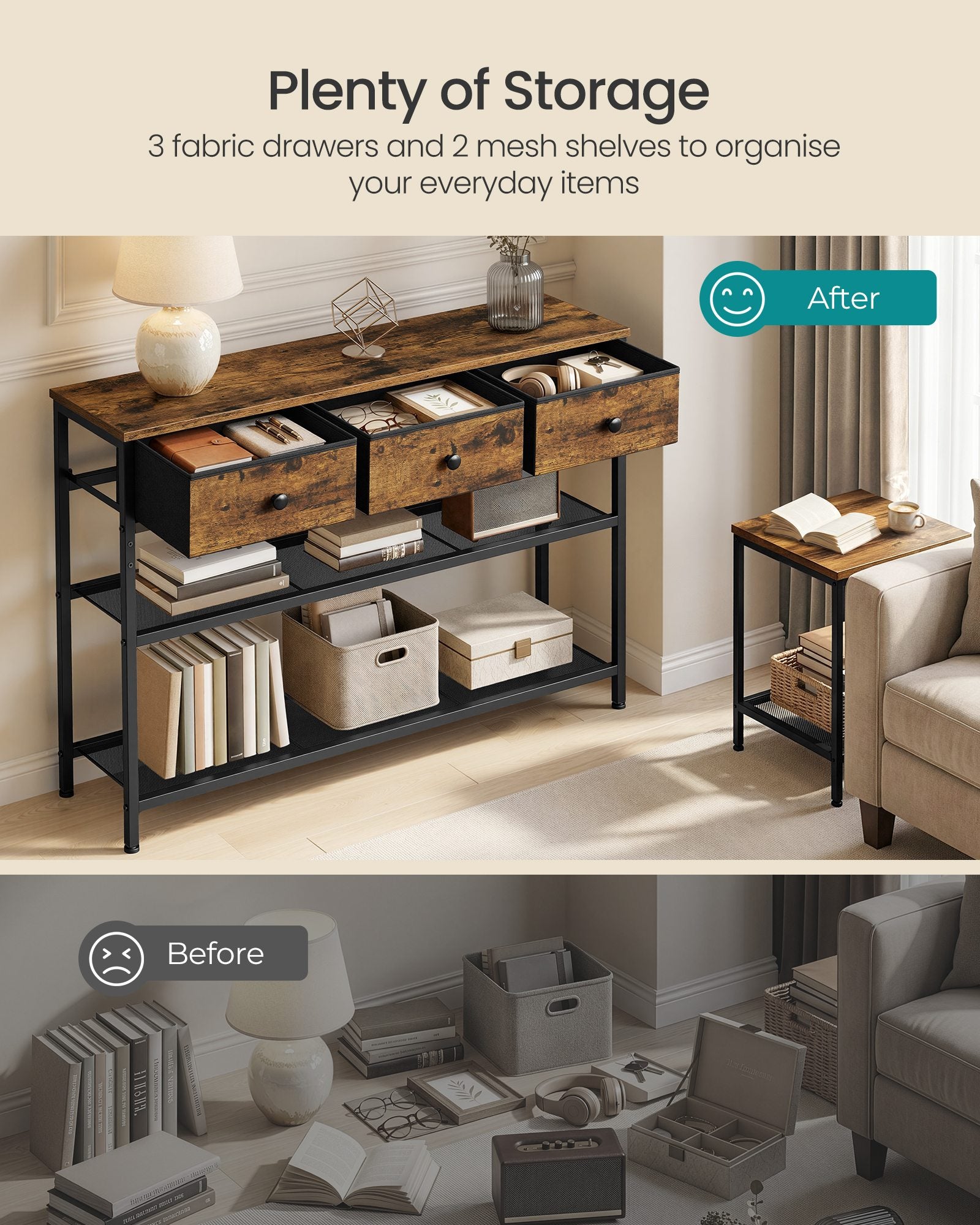 Console Table - Narrow with Storage - Rustic Brown - 98.8 x 30 x 78.7 cm