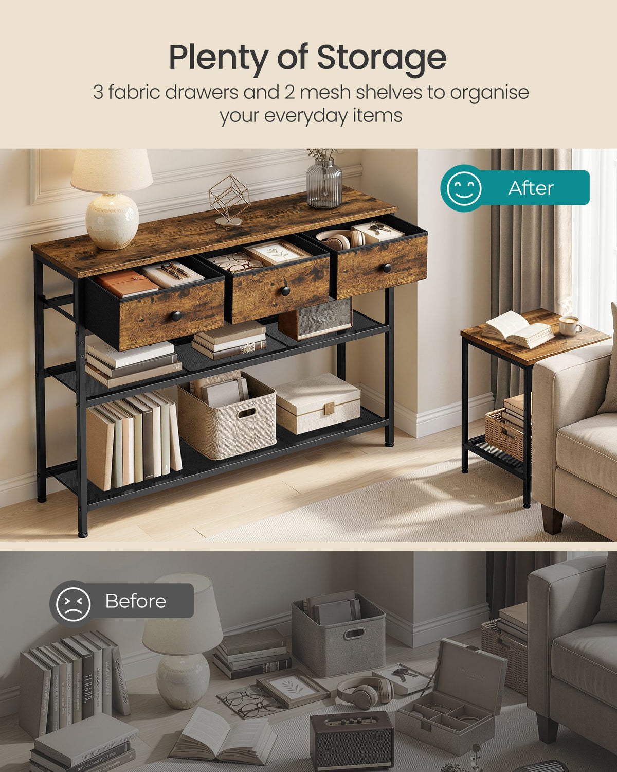 Console Table - Narrow with Storage - Rustic Brown - 98.8 x 30 x 78.7 cm