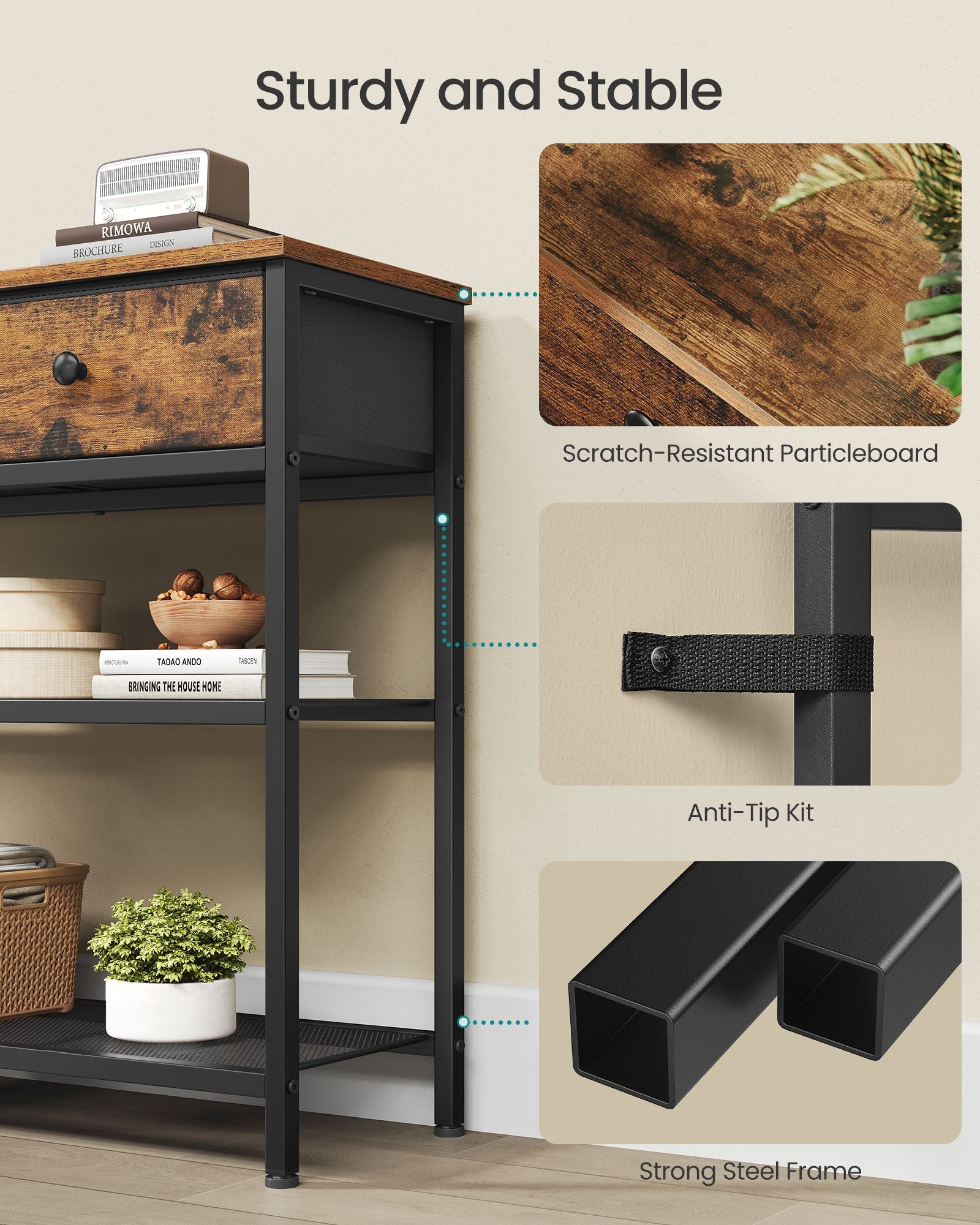 Console Table - Narrow with Storage - Rustic Brown - 98.8 x 30 x 78.7 cm