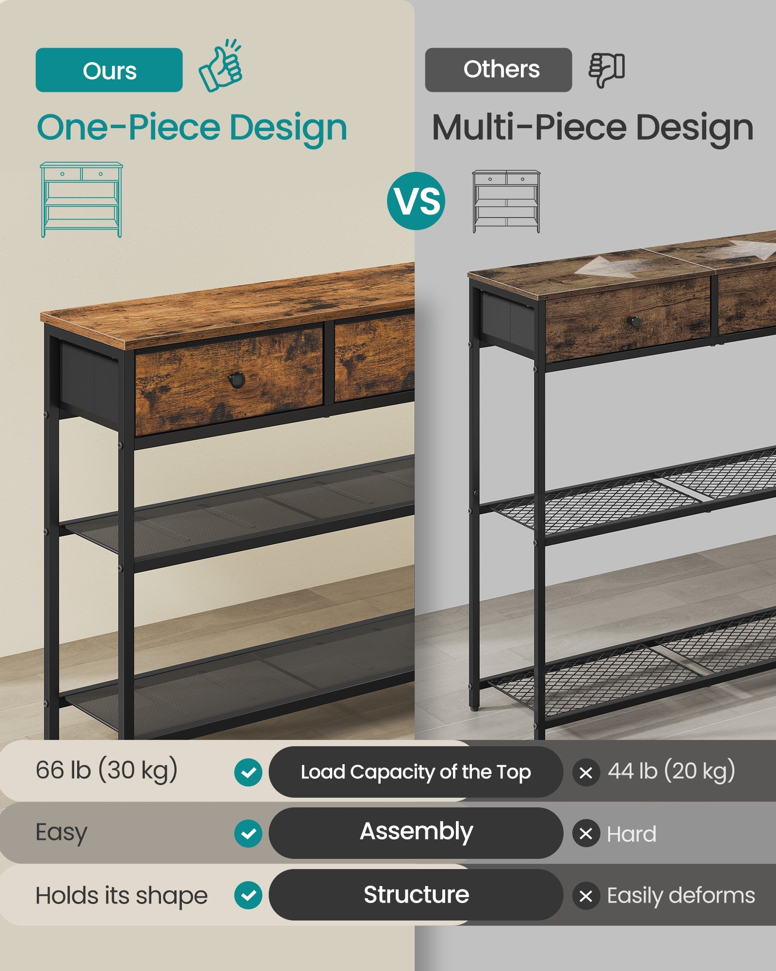 Console Table - Narrow with Storage - Rustic Brown - 98.8 x 30 x 78.7 cm