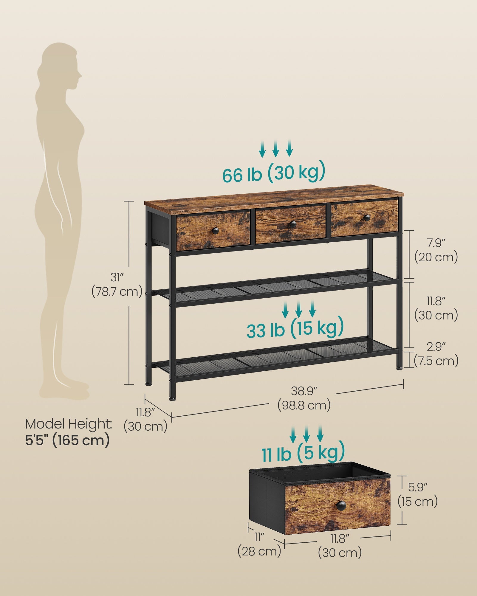 Console Table - Narrow with Storage - Rustic Brown - 98.8 x 30 x 78.7 cm
