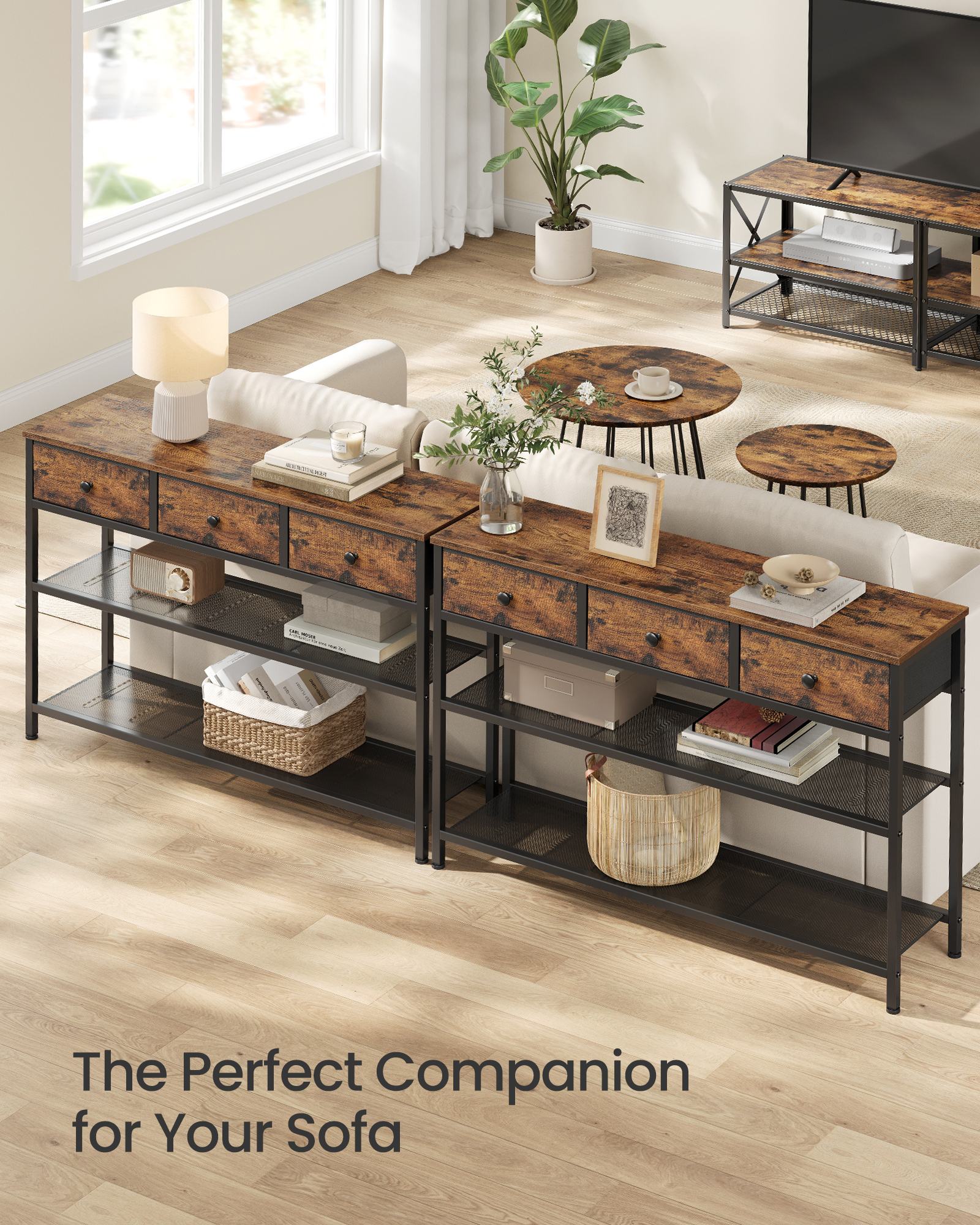 Console Table - Narrow with Storage - Rustic Brown - 98.8 x 30 x 78.7 cm
