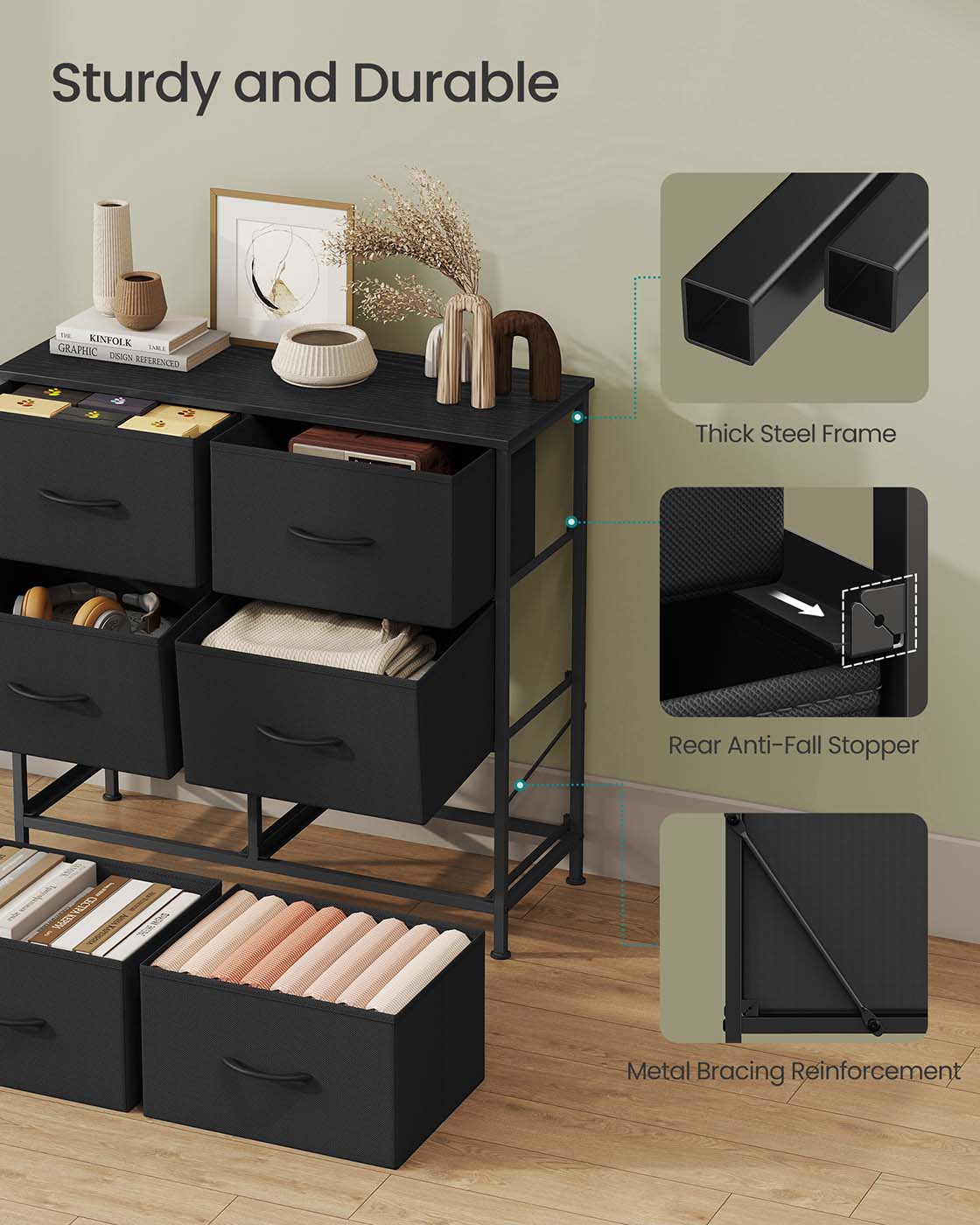 6 Drawer Chest - Steel - Ink Black & Ebony Black - Versatile Fabric Storage Unit