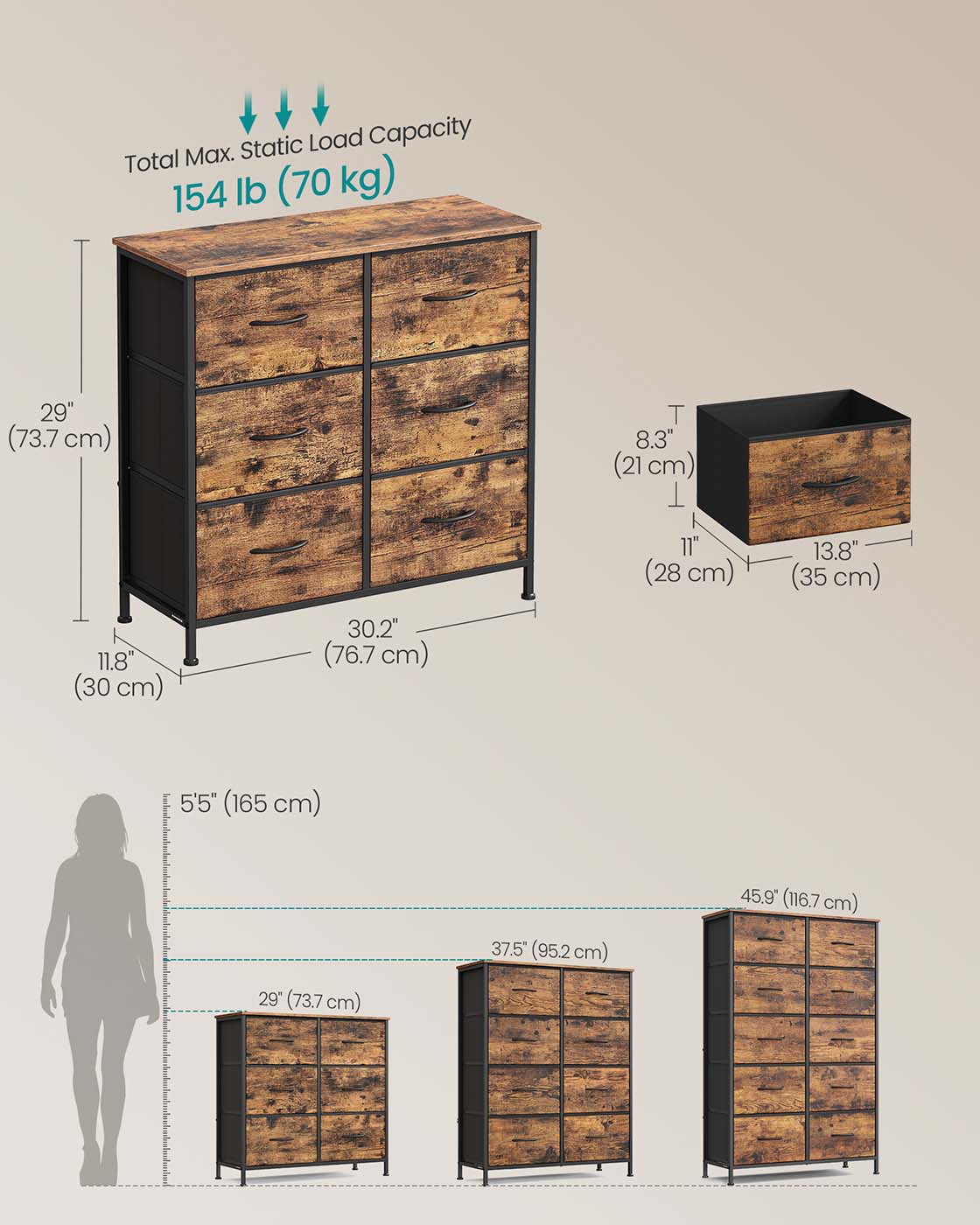 6 Drawer Chest - Steel - Ink Black & Ebony Black - Versatile Fabric Storage Unit