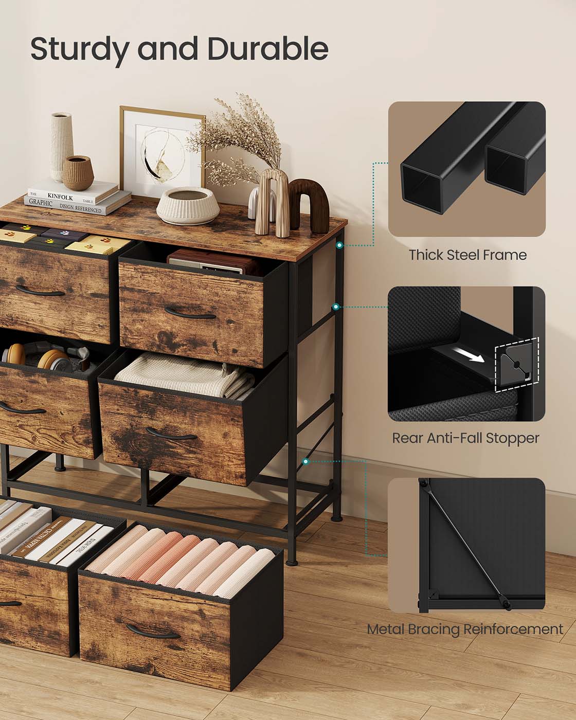6 Drawer Chest - Steel - Ink Black & Ebony Black - Versatile Fabric Storage Unit