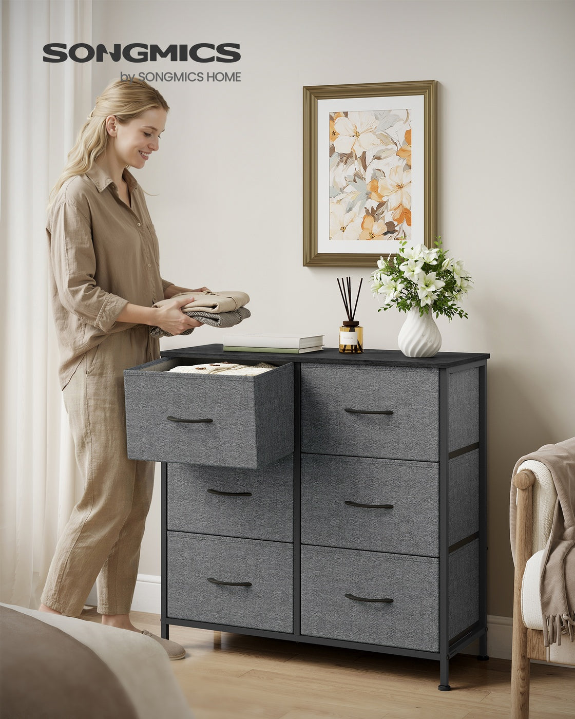 BELLAH Collection Chest of Drawers Storage Unit 6 Drawers - MDF and Wood - Slate Grey