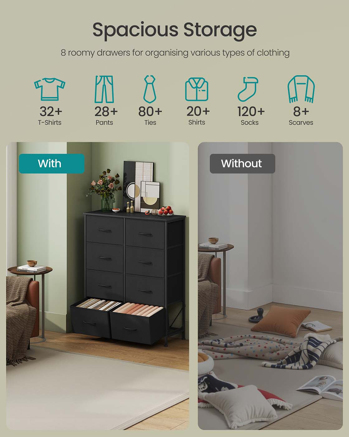 Fabric Storage Unit - 8 Drawer Design - Steel - Ink Black