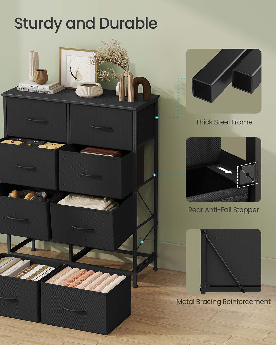 Fabric Storage Unit - 8 Drawer Design - Steel - Ink Black