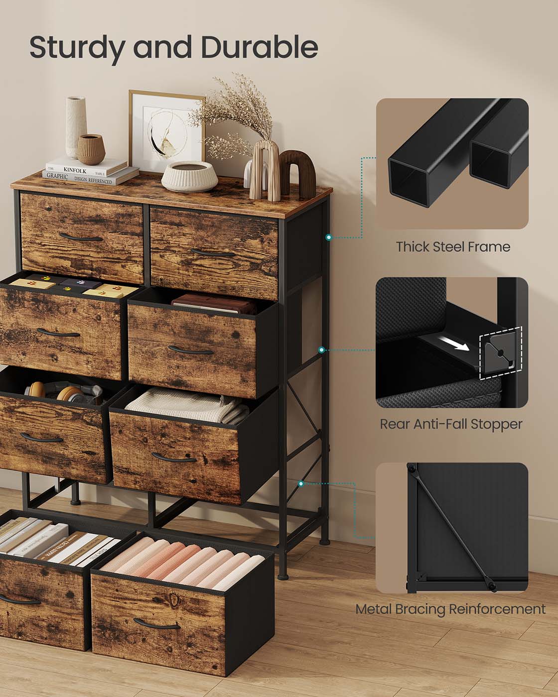 Fabric Storage Unit - 8 Drawer Design - Steel - Ink Black