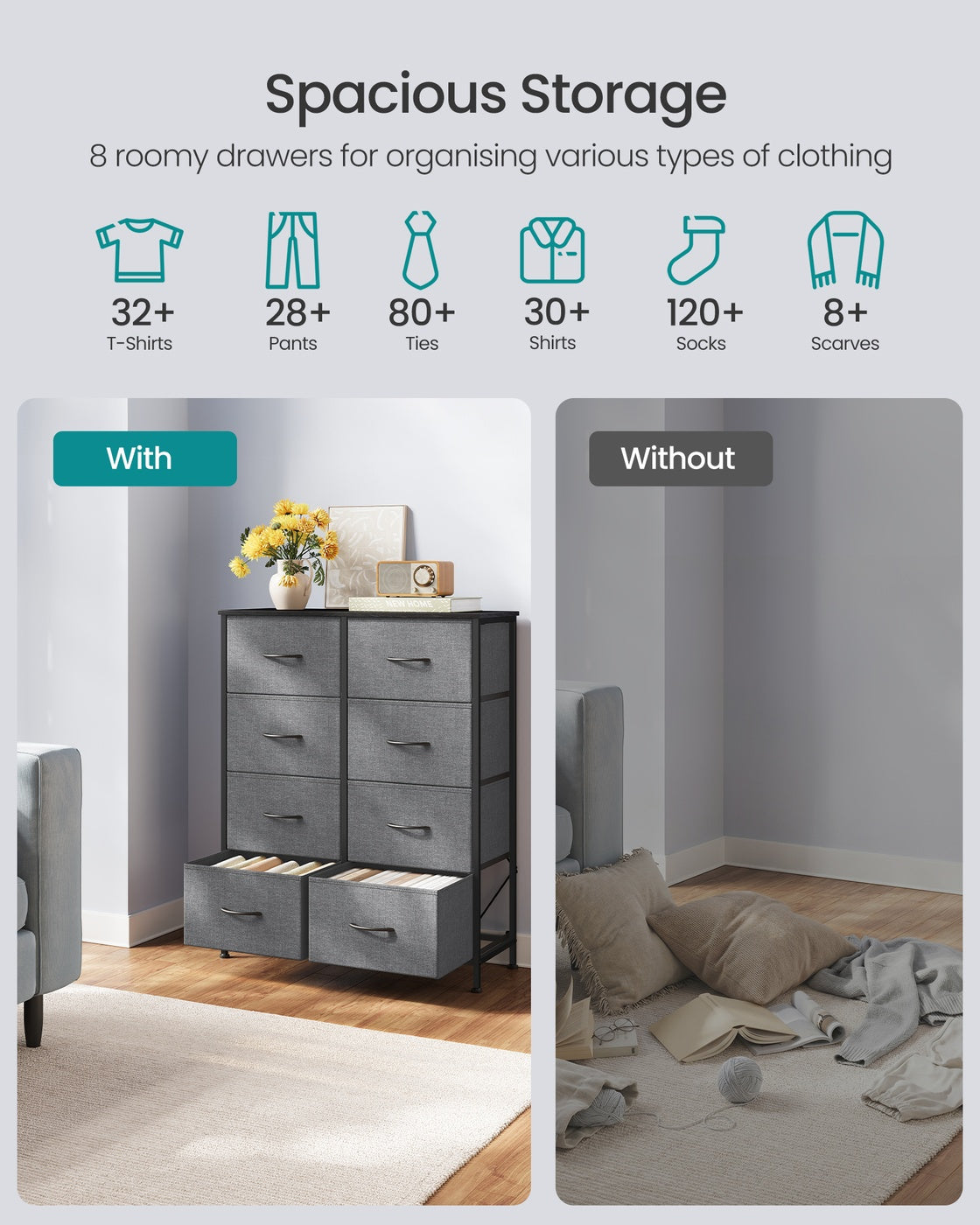 BELLAH Collection Chest of Drawers Storage Unit 8 Drawers - MDF and Wood - Slate Grey
