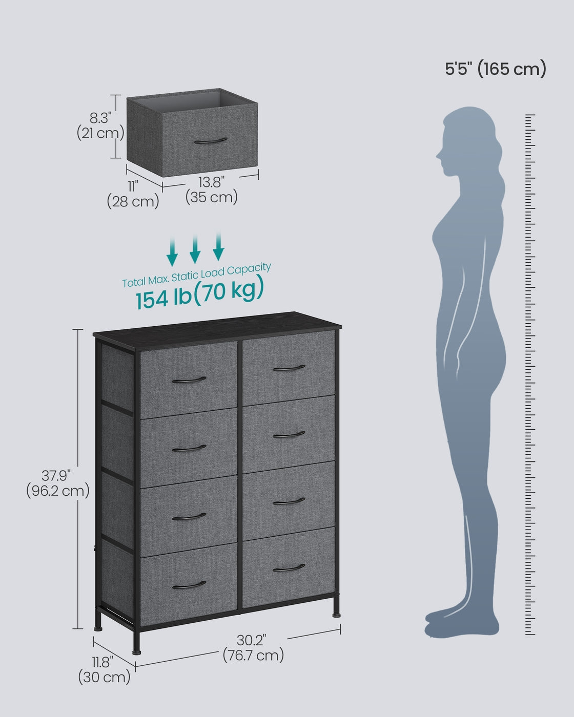 BELLAH Collection Chest of Drawers Storage Unit 8 Drawers - MDF and Wood - Slate Grey