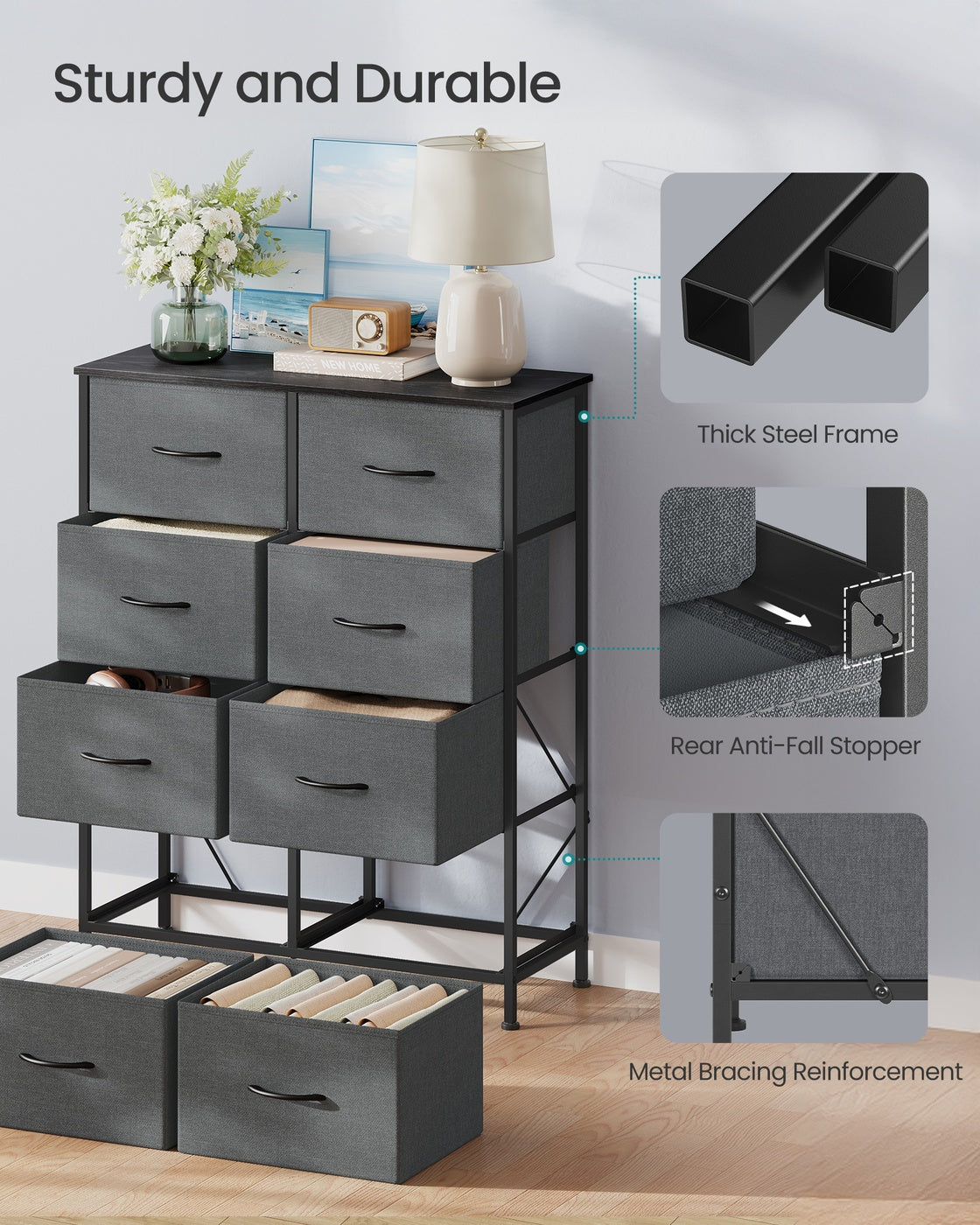 BELLAH Collection Chest of Drawers Storage Unit 8 Drawers - MDF and Wood - Slate Grey