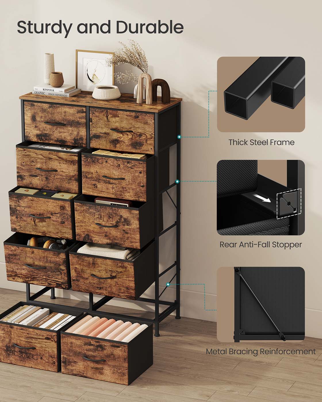 Fabric Storage Unit - 6 Drawer Design - Steel - Ink Black