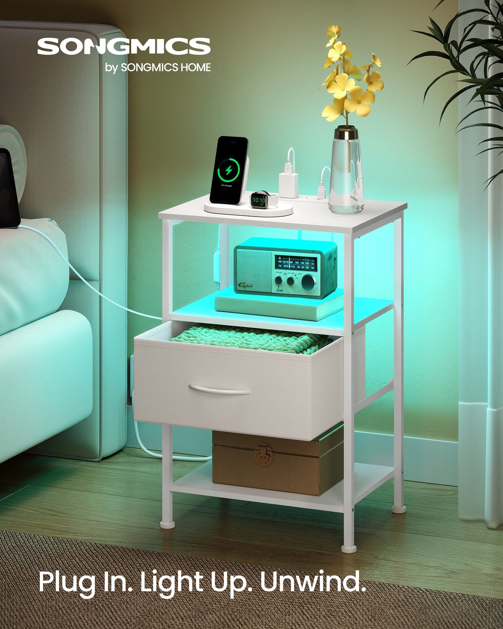 Bedside Table - With Charging Station - Set of 2 - Cloud White - 30 x 39.6 x 60.4 cm
