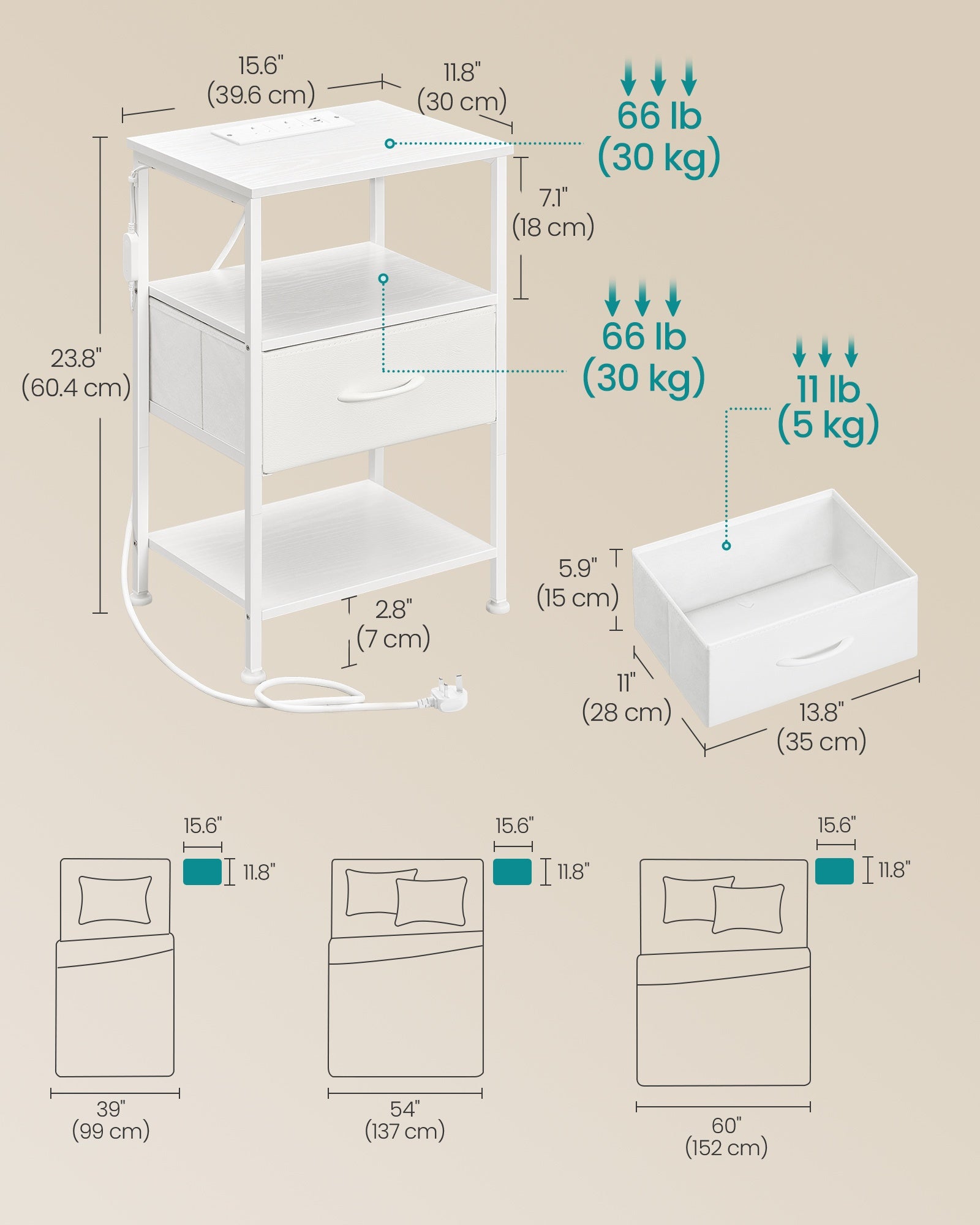 Bedside Table - With Charging Station - Set of 2 - Cloud White - 30 x 39.6 x 60.4 cm