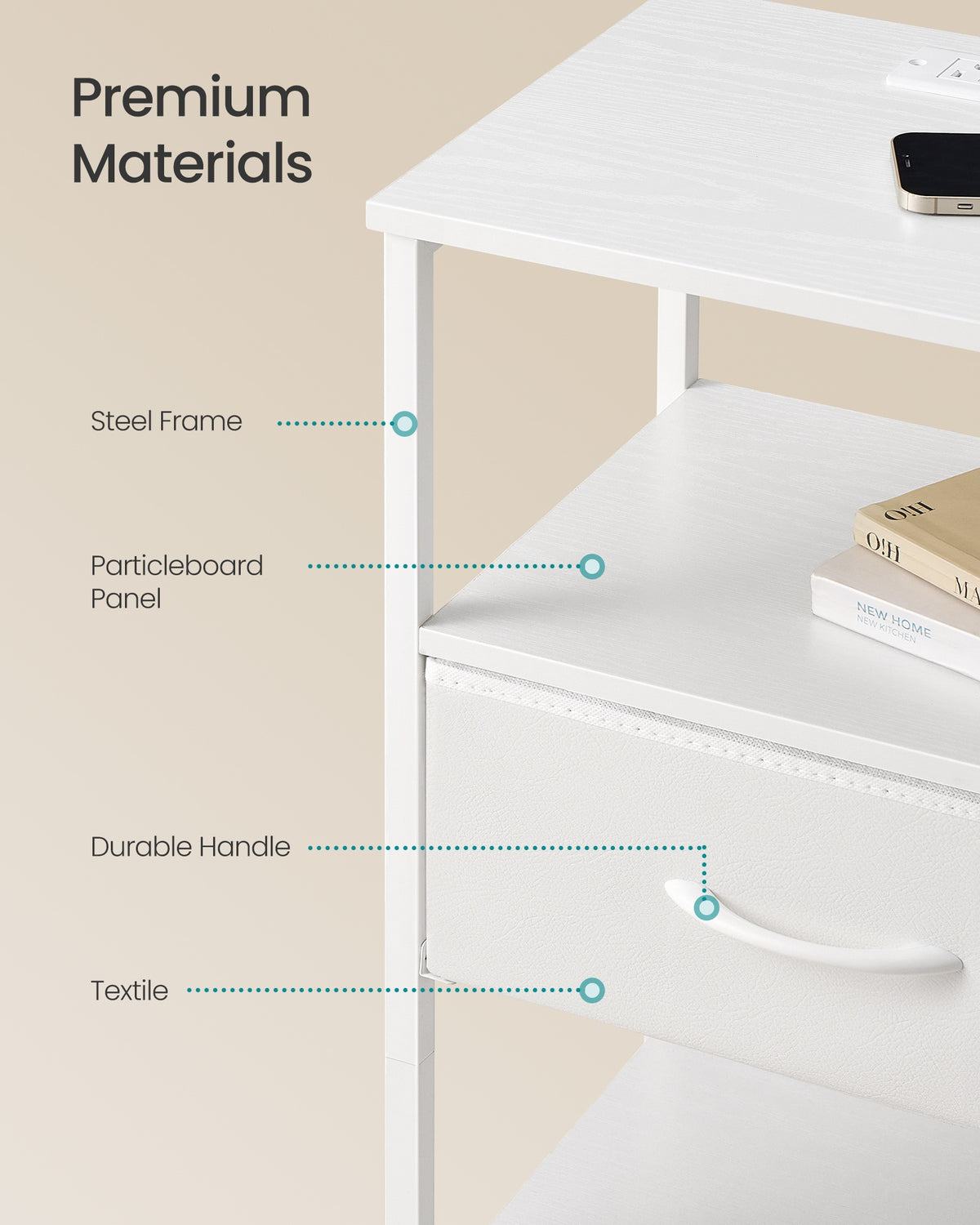 Bedside Table - With Charging Station - Set of 2 - Cloud White - 30 x 39.6 x 60.4 cm