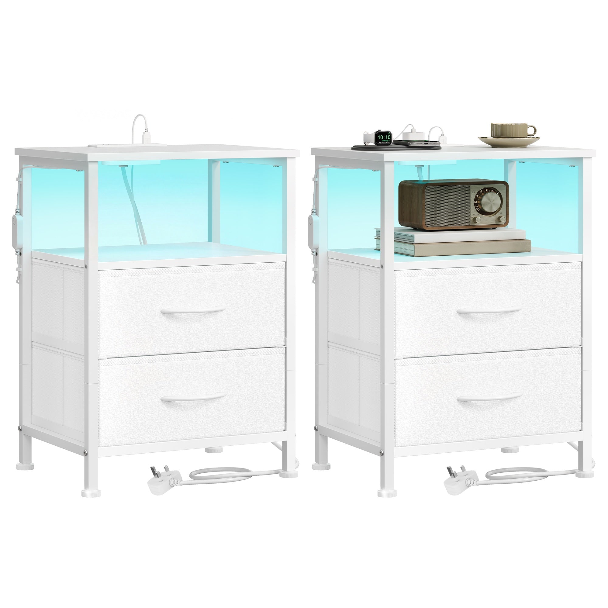 Bedside Table - With Charging Station - Set of 2 - Cloud White - 30 x 39.6 x 60.4 cm