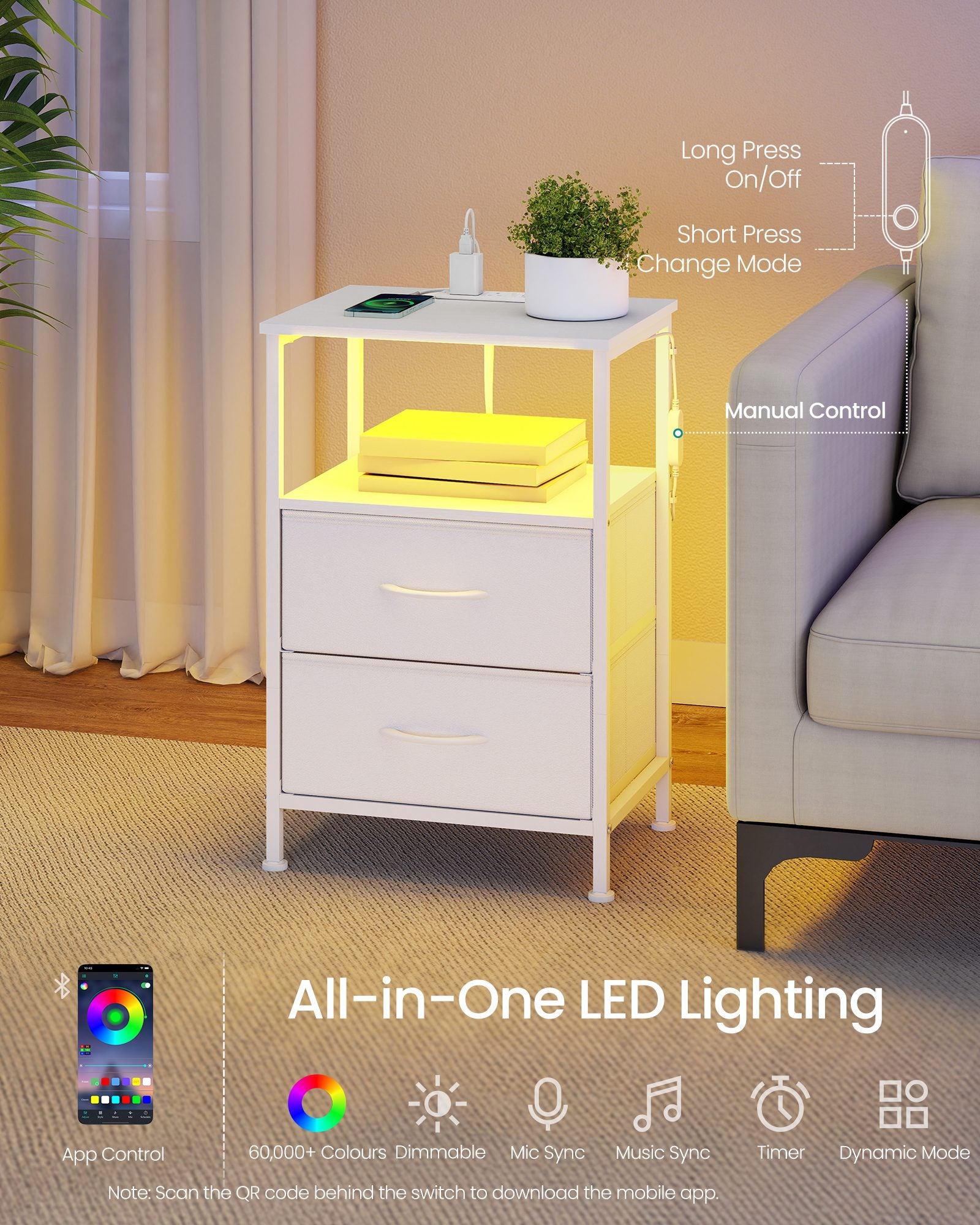 Bedside Table - With Charging Station - Set of 2 - Cloud White - 30 x 39.6 x 60.4 cm