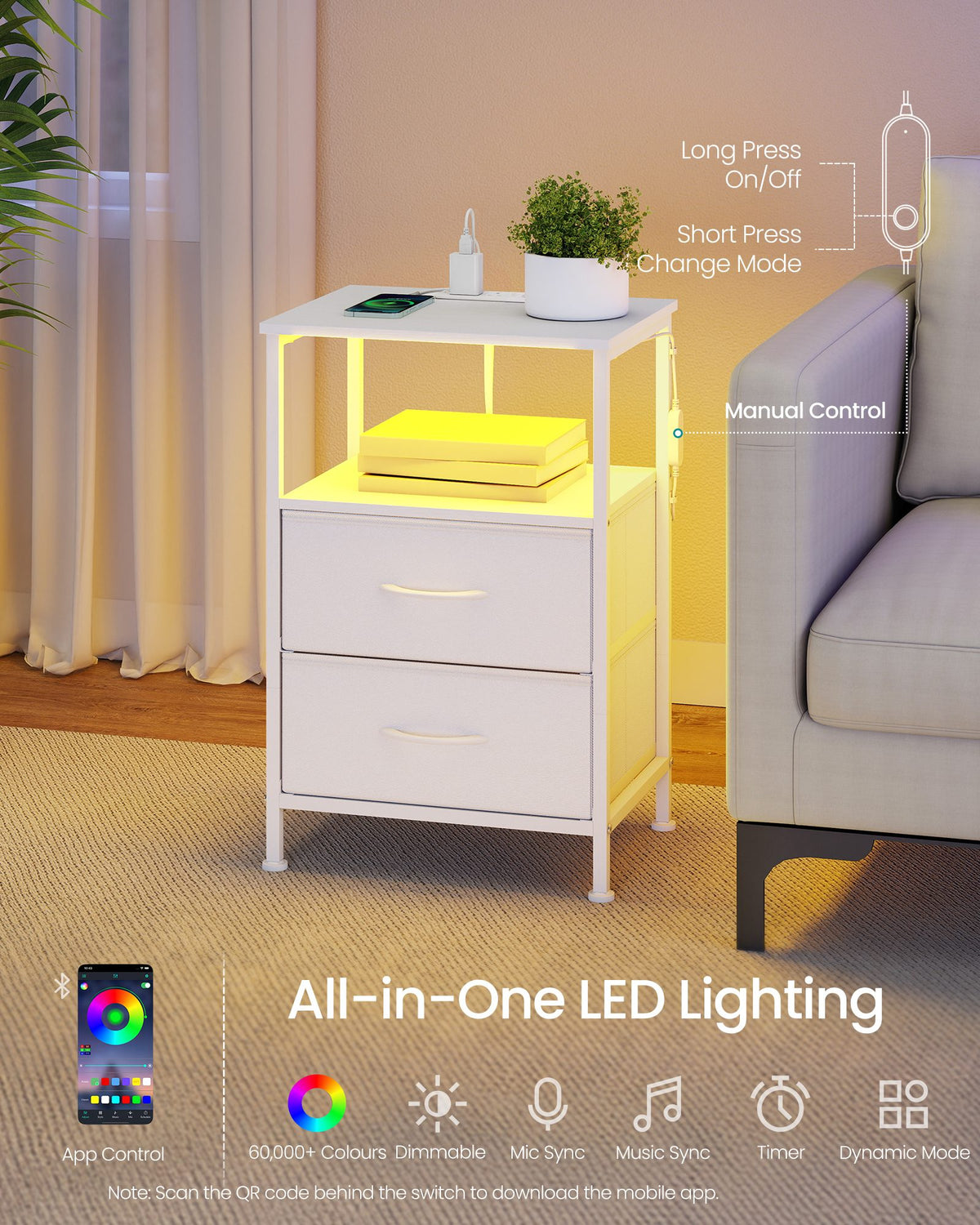 Bedside Table - With Charging Station - Set of 2 - Cloud White - 30 x 39.6 x 60.4 cm
