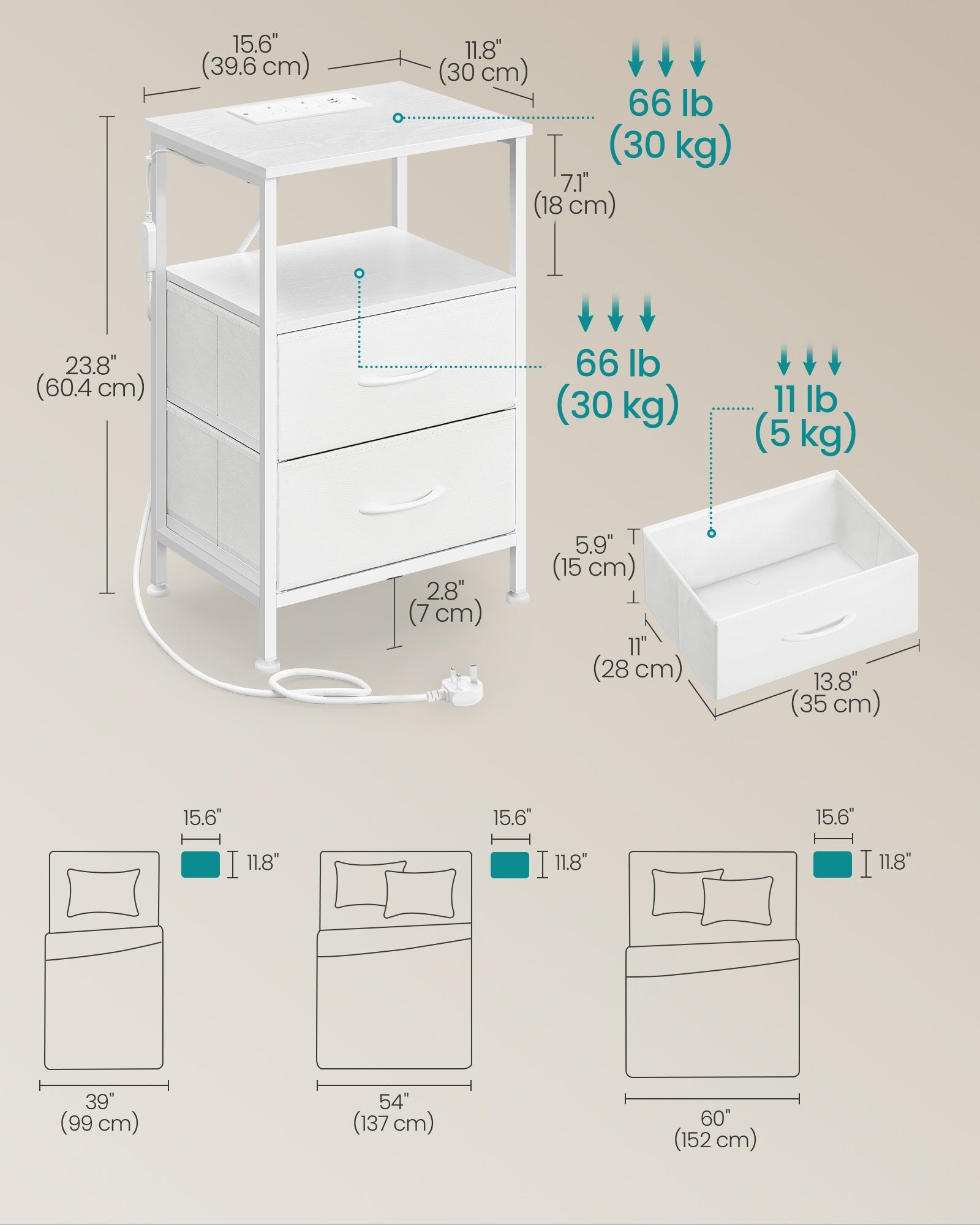 Bedside Table - With Charging Station - Set of 2 - Cloud White - 30 x 39.6 x 60.4 cm