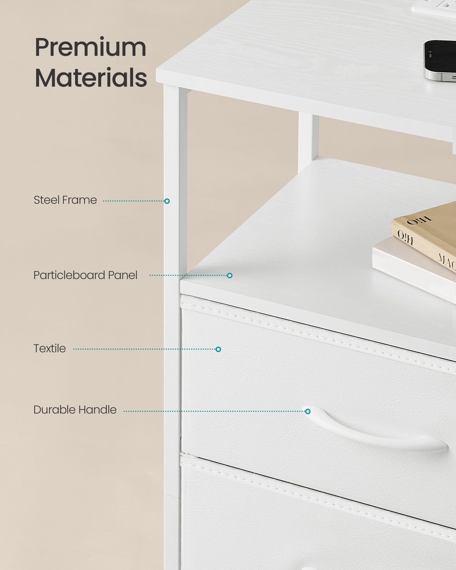 Bedside Table - With Charging Station - Set of 2 - Cloud White - 30 x 39.6 x 60.4 cm