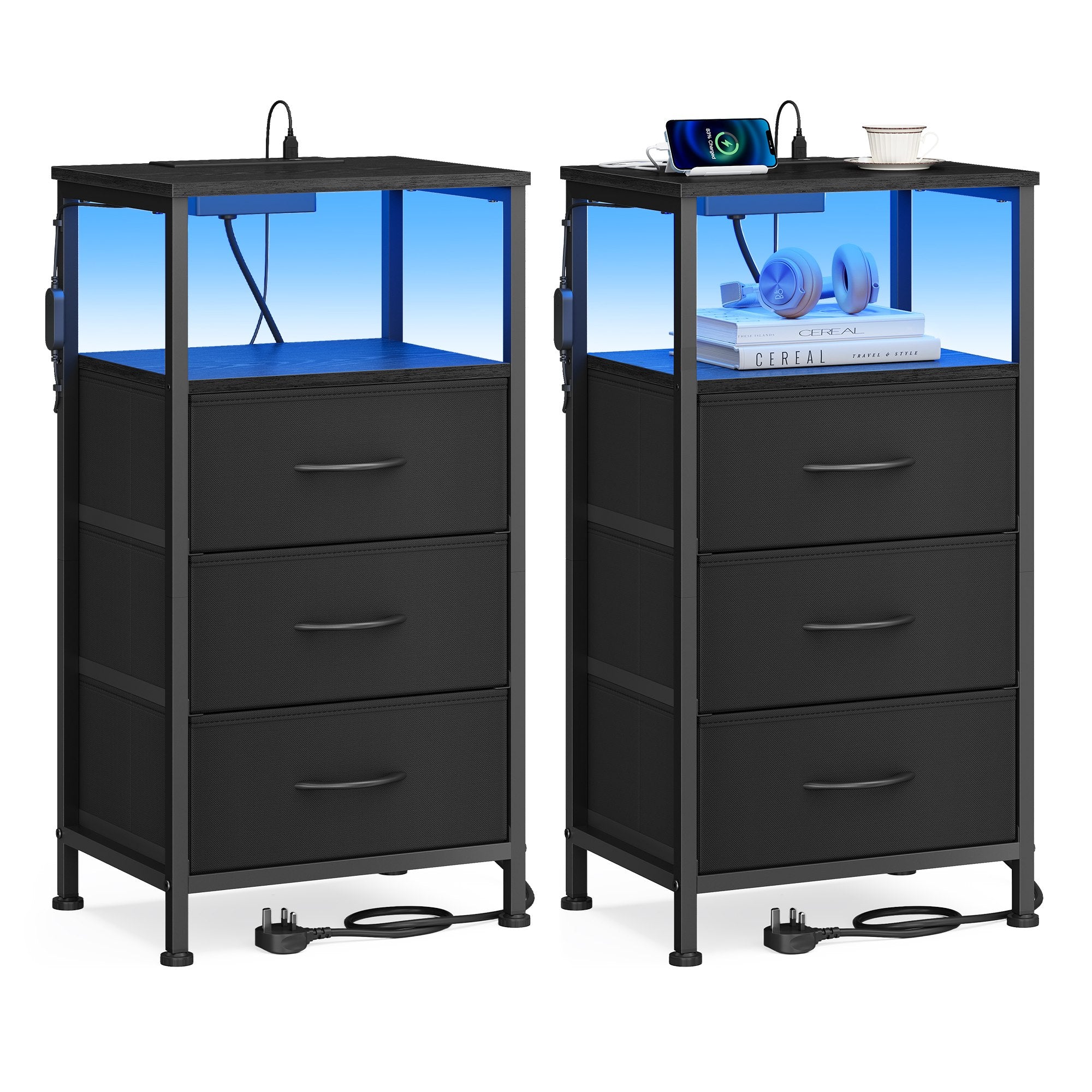 Bedside Table - With Charging Station - Set of 2 - Ink Black - 30 x 39.6 x 75.9 cm