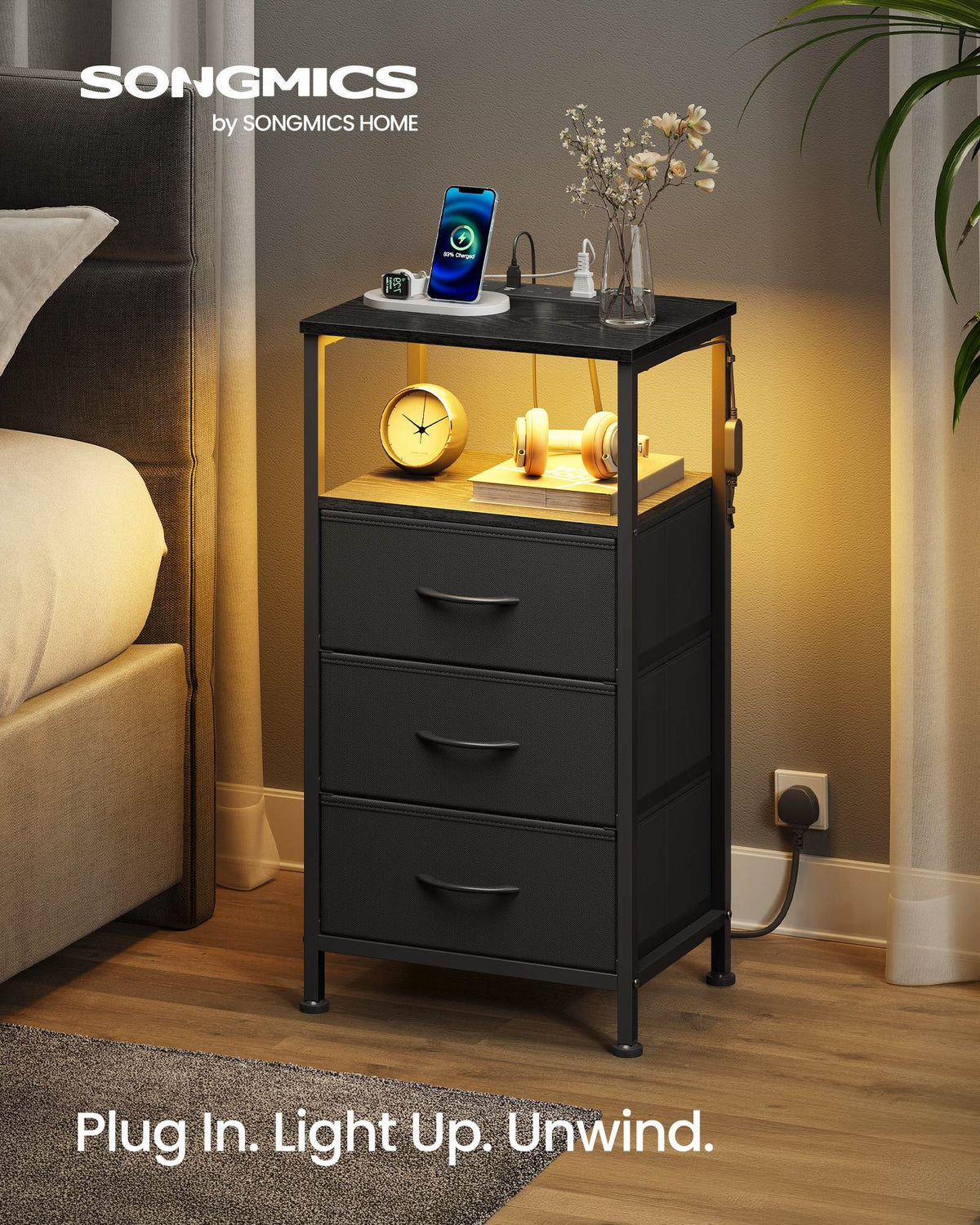 Bedside Table - With Charging Station - Set of 2 - Ink Black - 30 x 39.6 x 75.9 cm