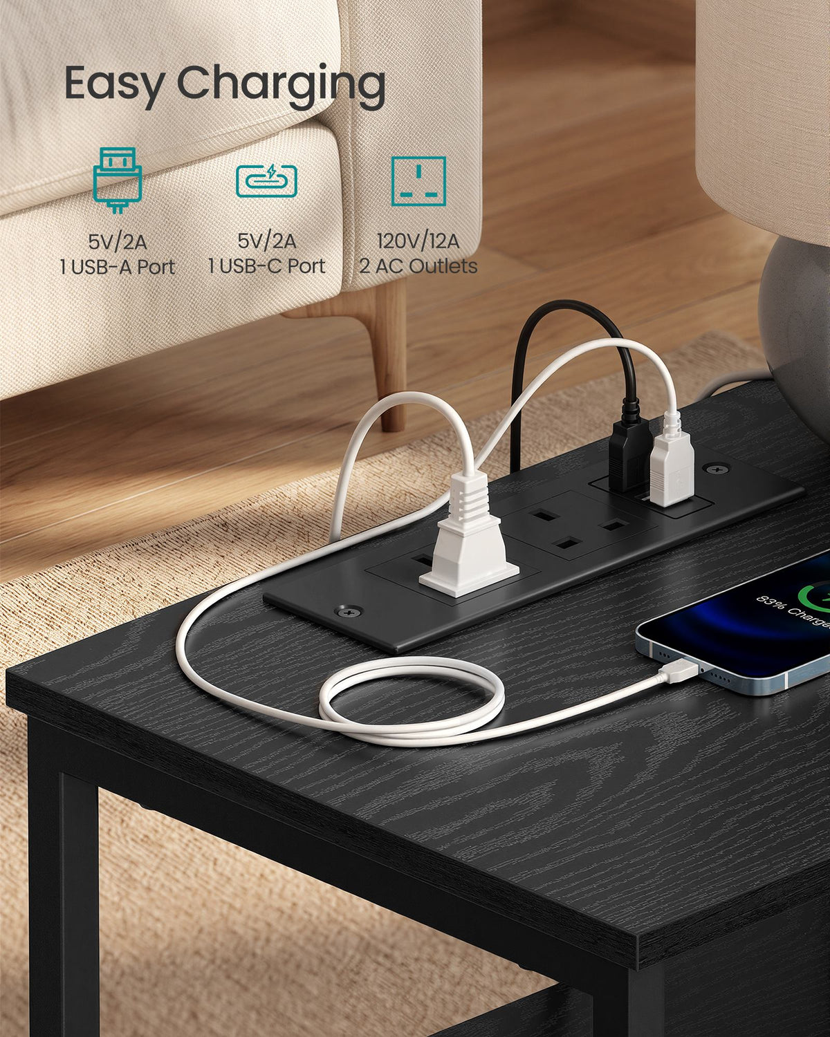 Bedside Table - With Charging Station - Set of 2 - Ink Black - 30 x 39.6 x 75.9 cm