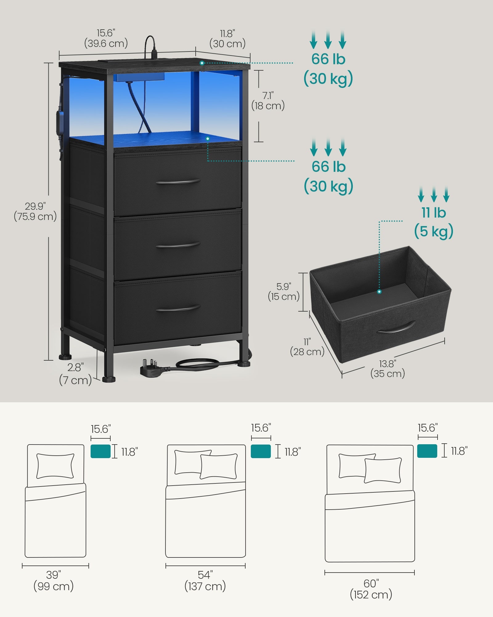 Bedside Table - With Charging Station - Set of 2 - Ink Black - 30 x 39.6 x 75.9 cm