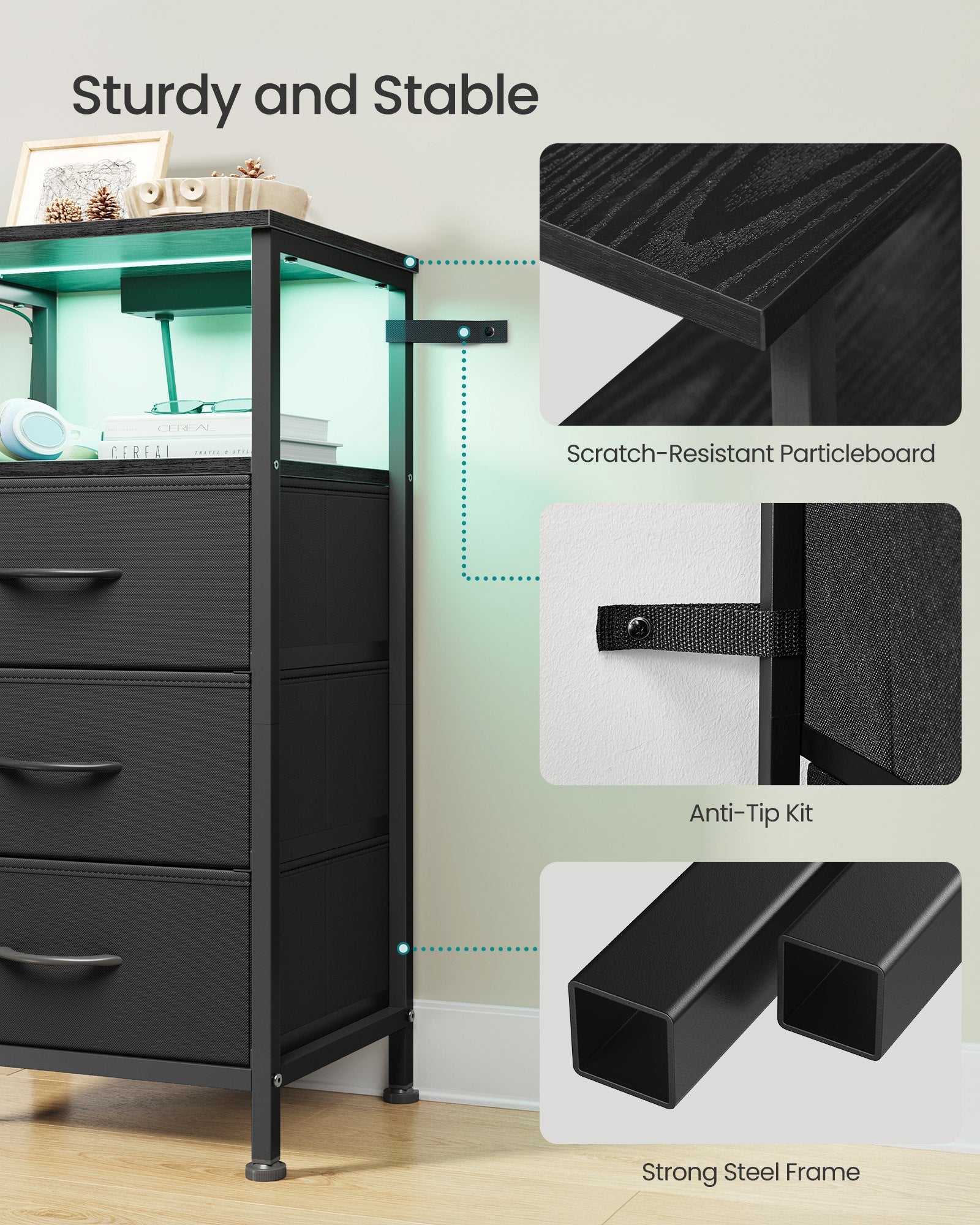 Bedside Table - With Charging Station - Set of 2 - Ink Black - 30 x 39.6 x 75.9 cm
