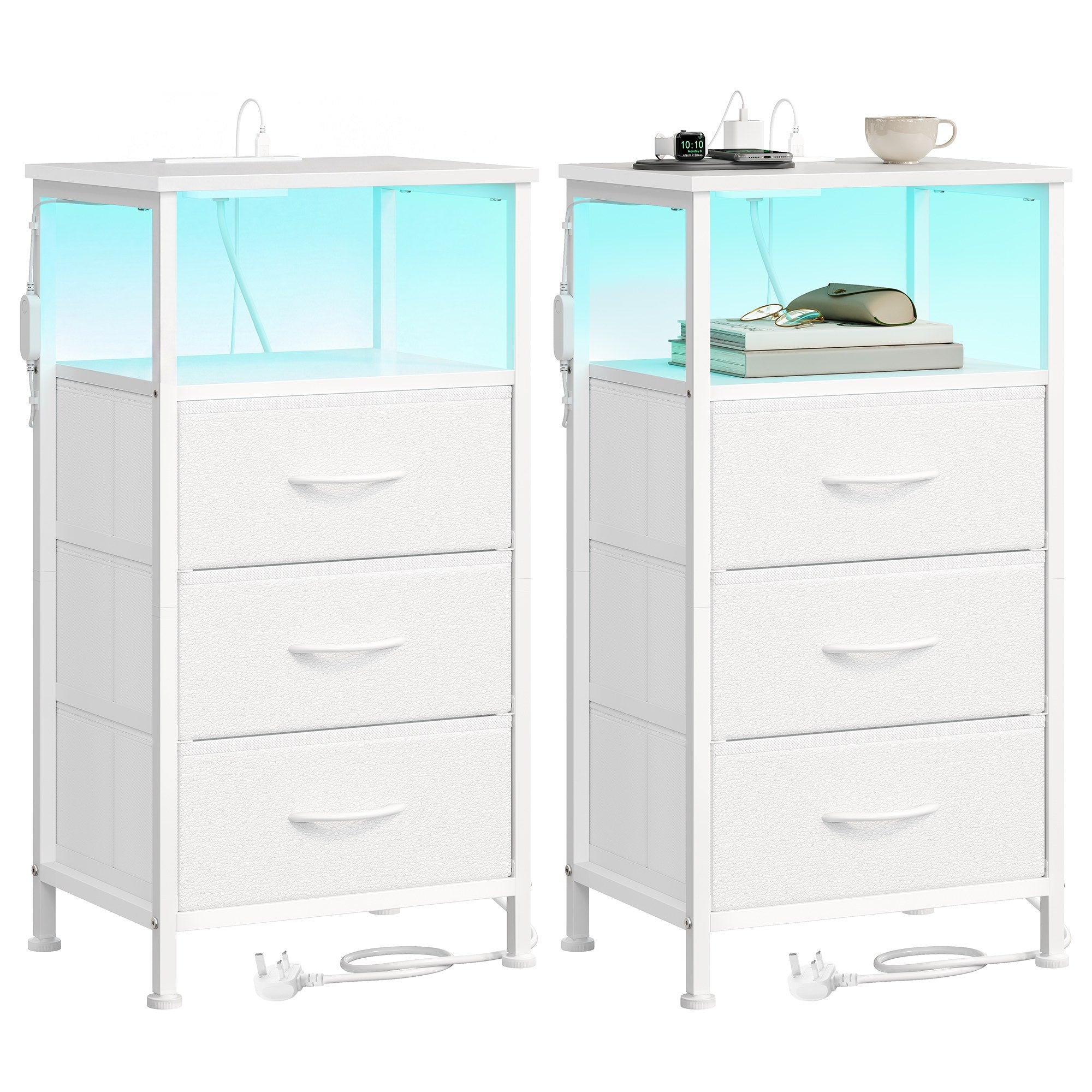 Bedside Table - With Charging Station - Set of 2 - Cloud White - 30 x 39.6 x 75.9 cm