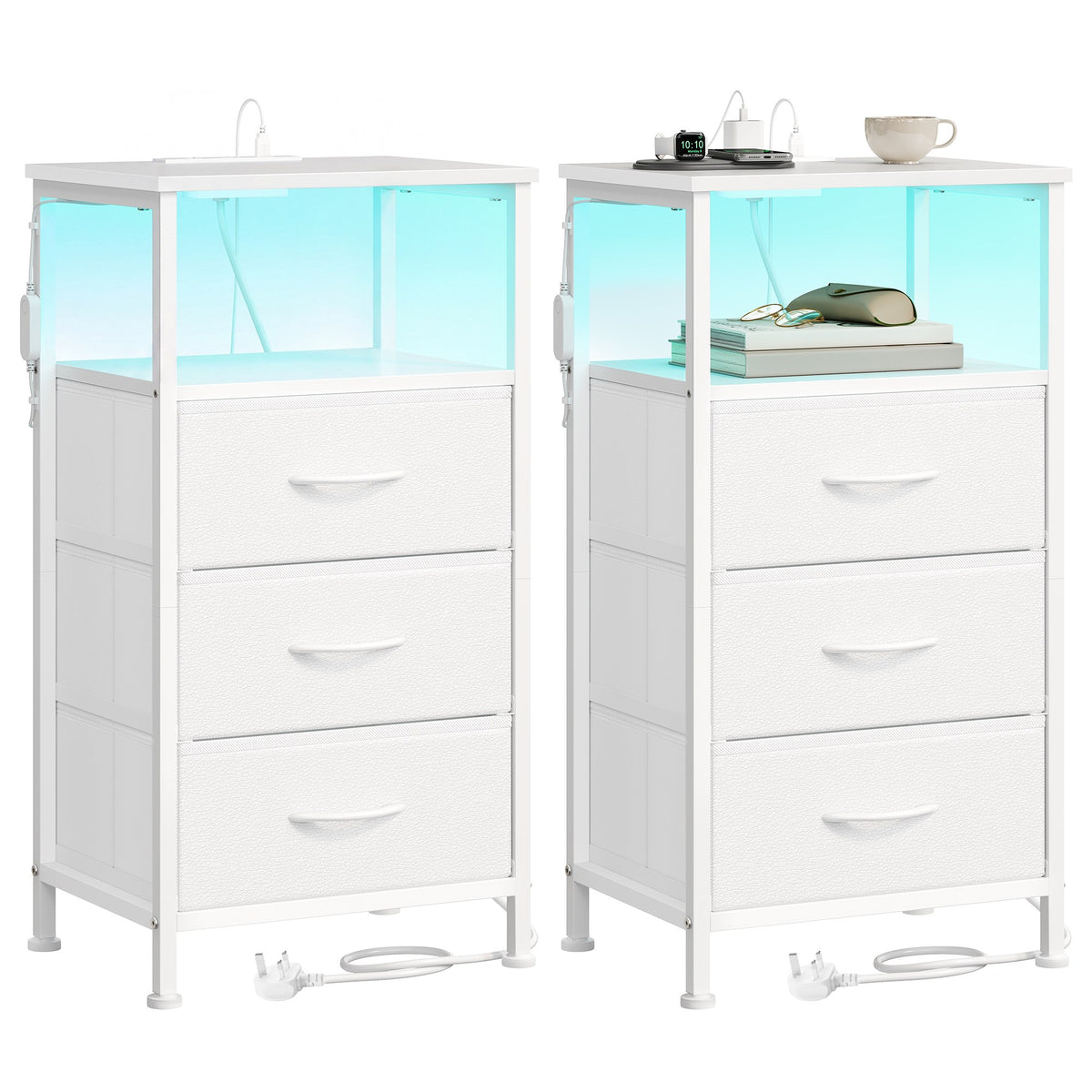 Bedside Table - With Charging Station - Set of 2 - Cloud White - 30 x 39.6 x 75.9 cm