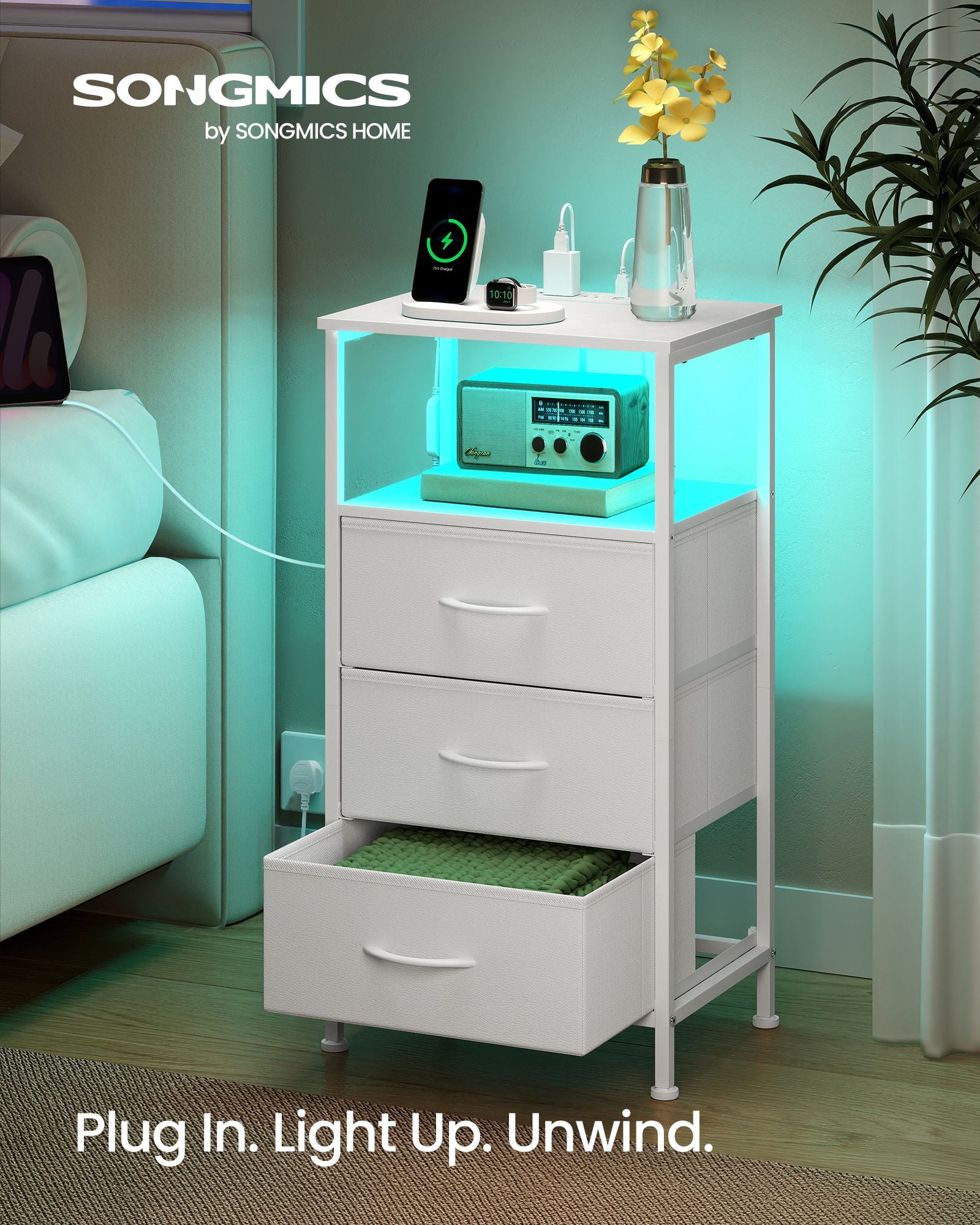 Bedside Table - With Charging Station - Set of 2 - Cloud White - 30 x 39.6 x 75.9 cm