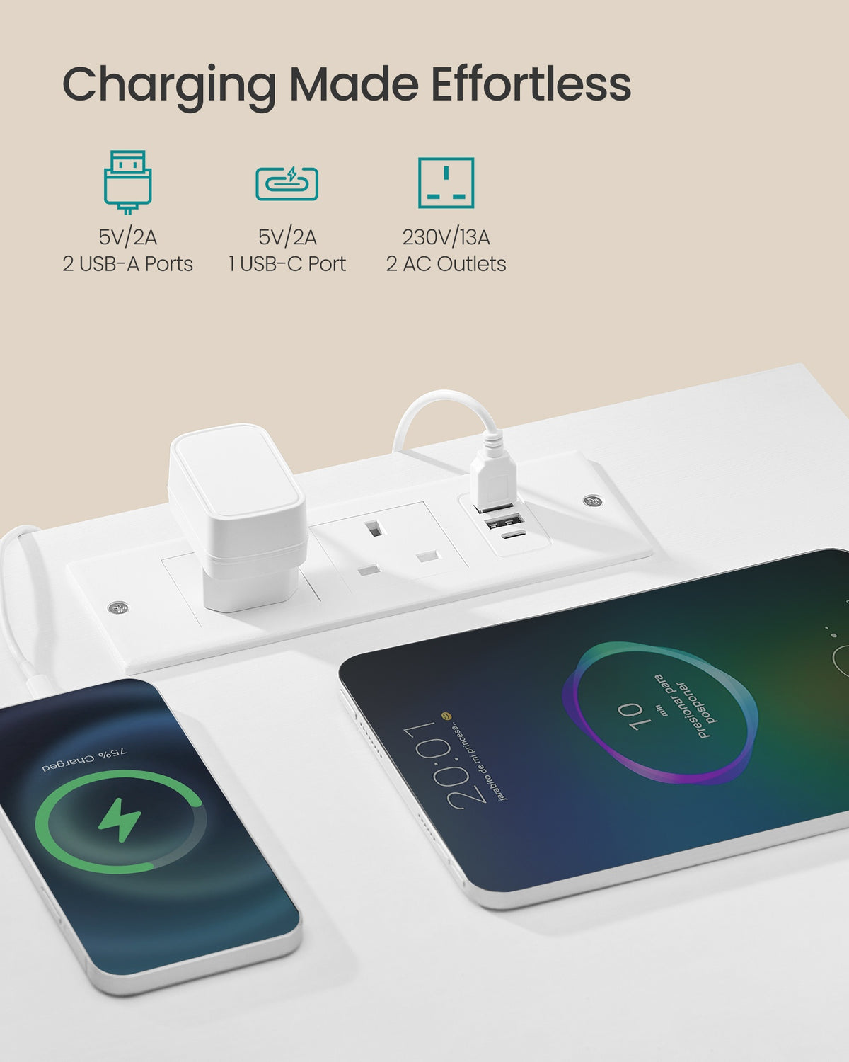 Bedside Table - With Charging Station - Set of 2 - Cloud White - 30 x 39.6 x 75.9 cm