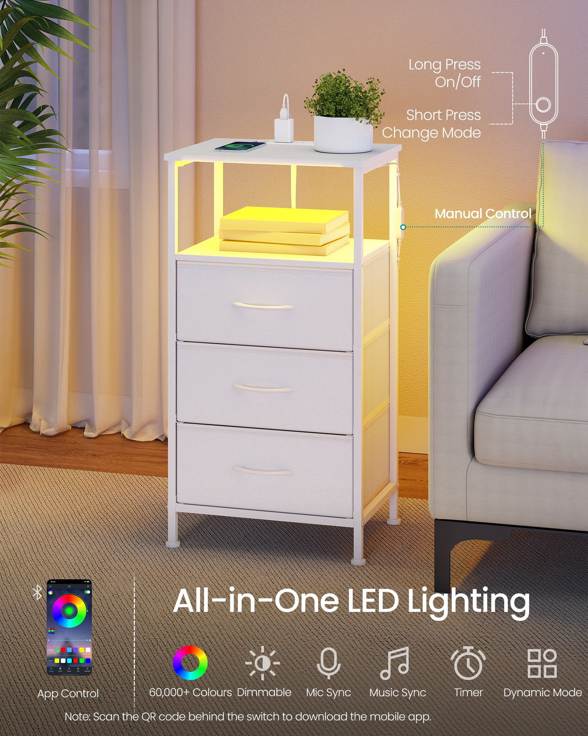 Bedside Table - With Charging Station - Set of 2 - Cloud White - 30 x 39.6 x 75.9 cm