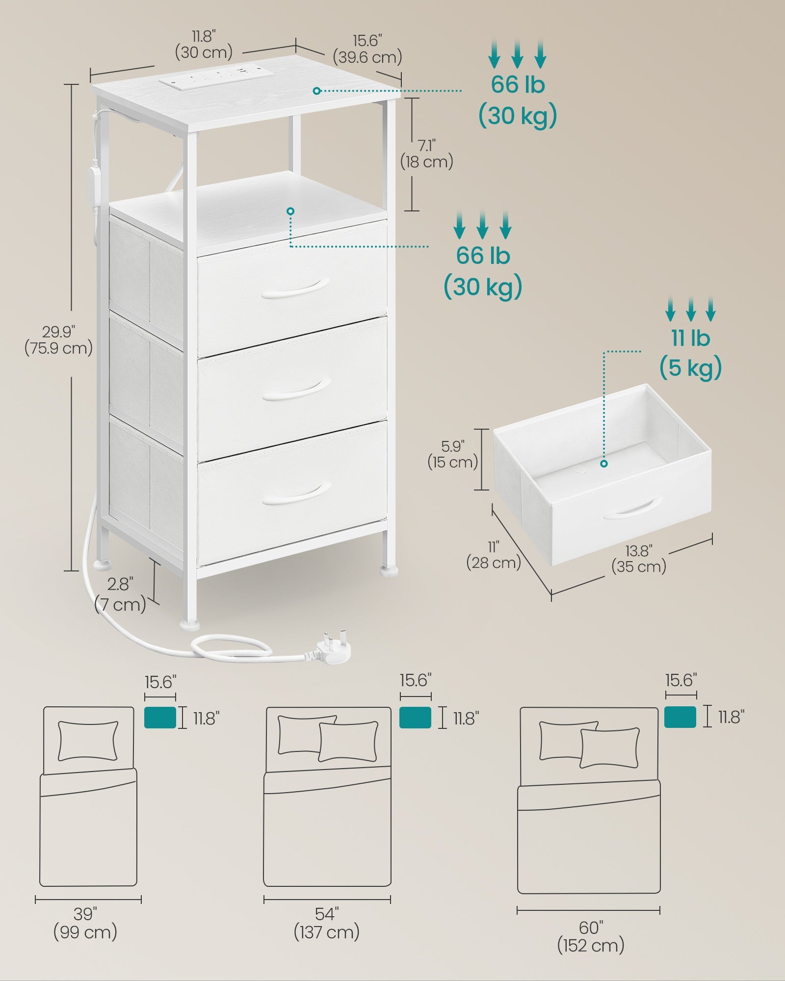 Bedside Table - With Charging Station - Set of 2 - Cloud White - 30 x 39.6 x 75.9 cm