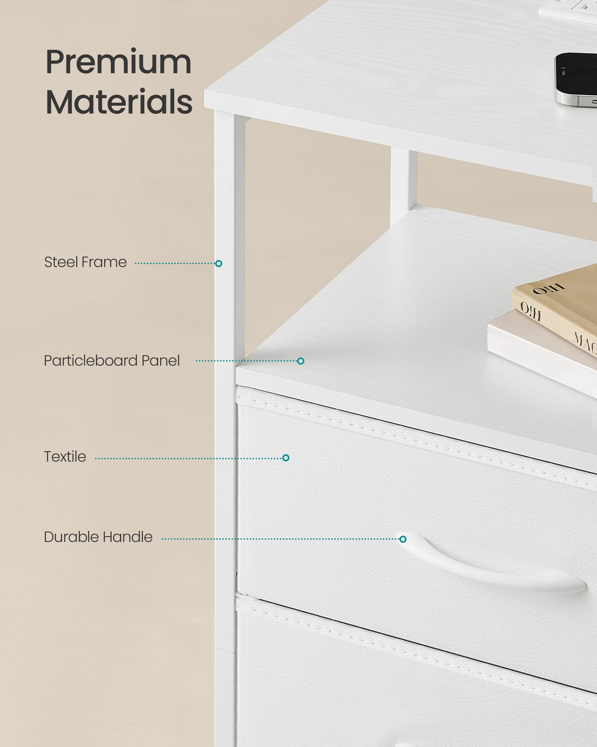 Bedside Table - With Charging Station - Set of 2 - Cloud White - 30 x 39.6 x 75.9 cm